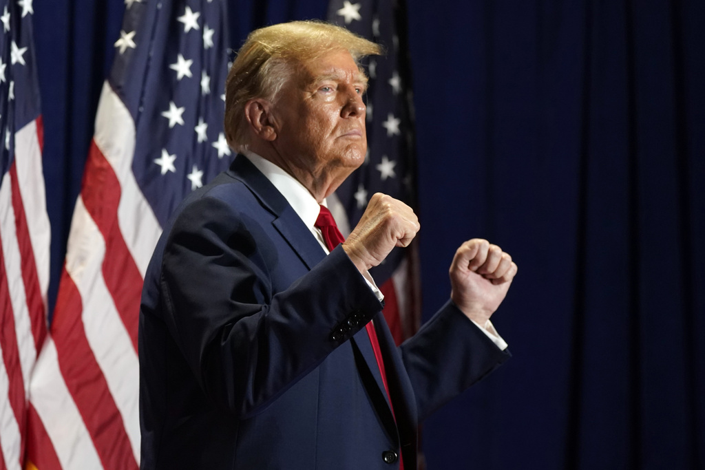 Republican presidential candidate former President Donald Trump gestures at a campaign rally on March 2. Photo / AP