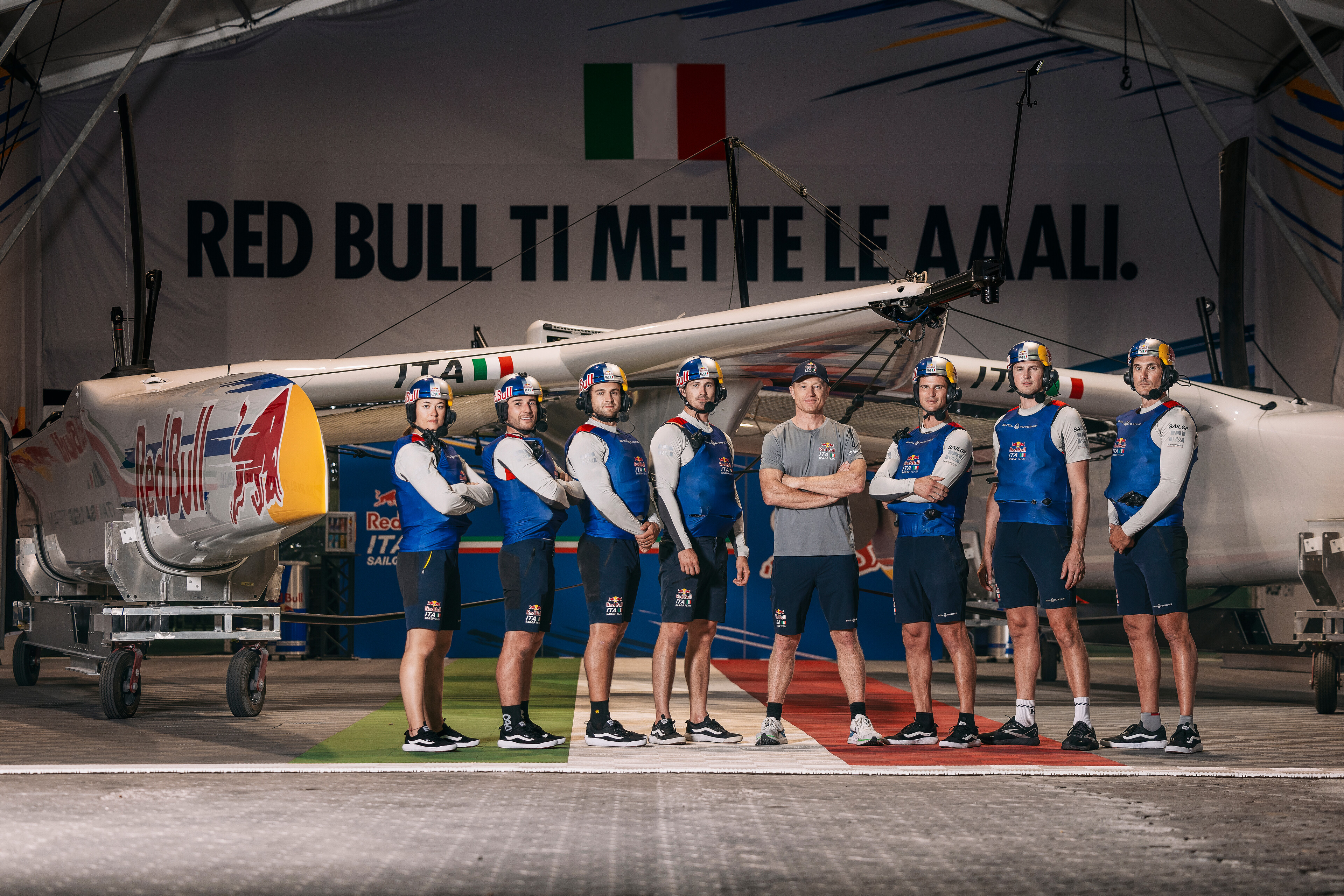 Jimmy Spithill (centre) is realistic with his expectations for the Red Bull Italy SailGP Team in their debut event in Dubai this weekend. Photo / Naim Chidiac, Red Bull Content Pool