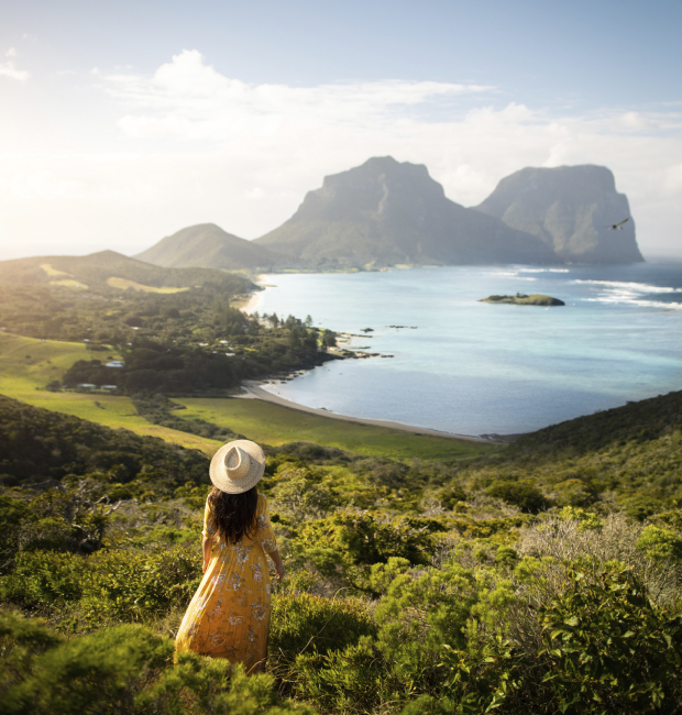 Scenic coastal views across Lord Howe Island to Mount Lidgbird and Mount Gower. Photo / tom-archer.com