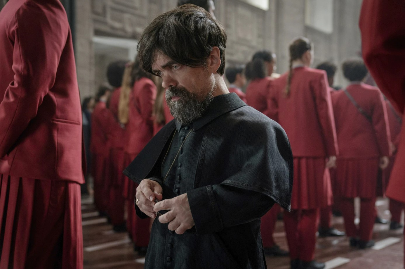 Peter Dinklage as Casca Highbottom, dean of the Academy, in “The Hunger Games: The Ballad of Songbirds and Snakes.” (Lionsgate via AP)