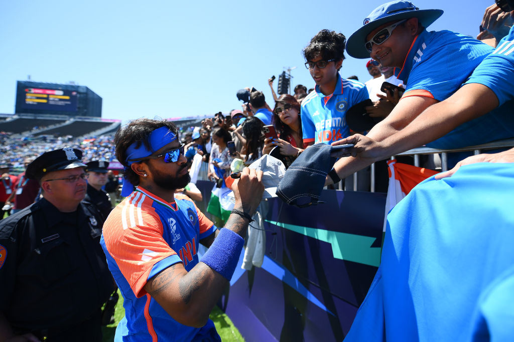 Hardik Pandya of India signs autographs during the ICC Men's T20 Cricket World Cup West Indies & USA 2024 warm-up match between Bangladesh and India. Photo / Getty Images