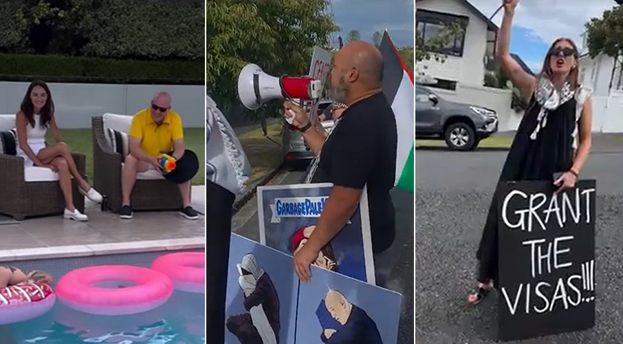 Pro-Palestine protesters crashed Prime Minister Christopher Luxon’s pool party, demonstrating outside his home and accusing him of having “blood on his hands” over the deadly Israel-Palestine war.