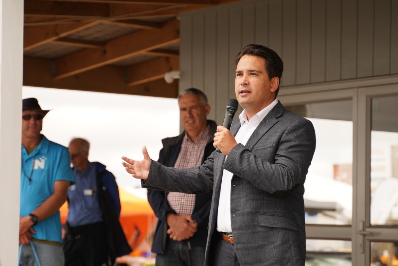National Party leader Simon Bridges speaks at Northland Field Days, in Dargaville, about his plan for water storage in Northland and wider New Zealand.