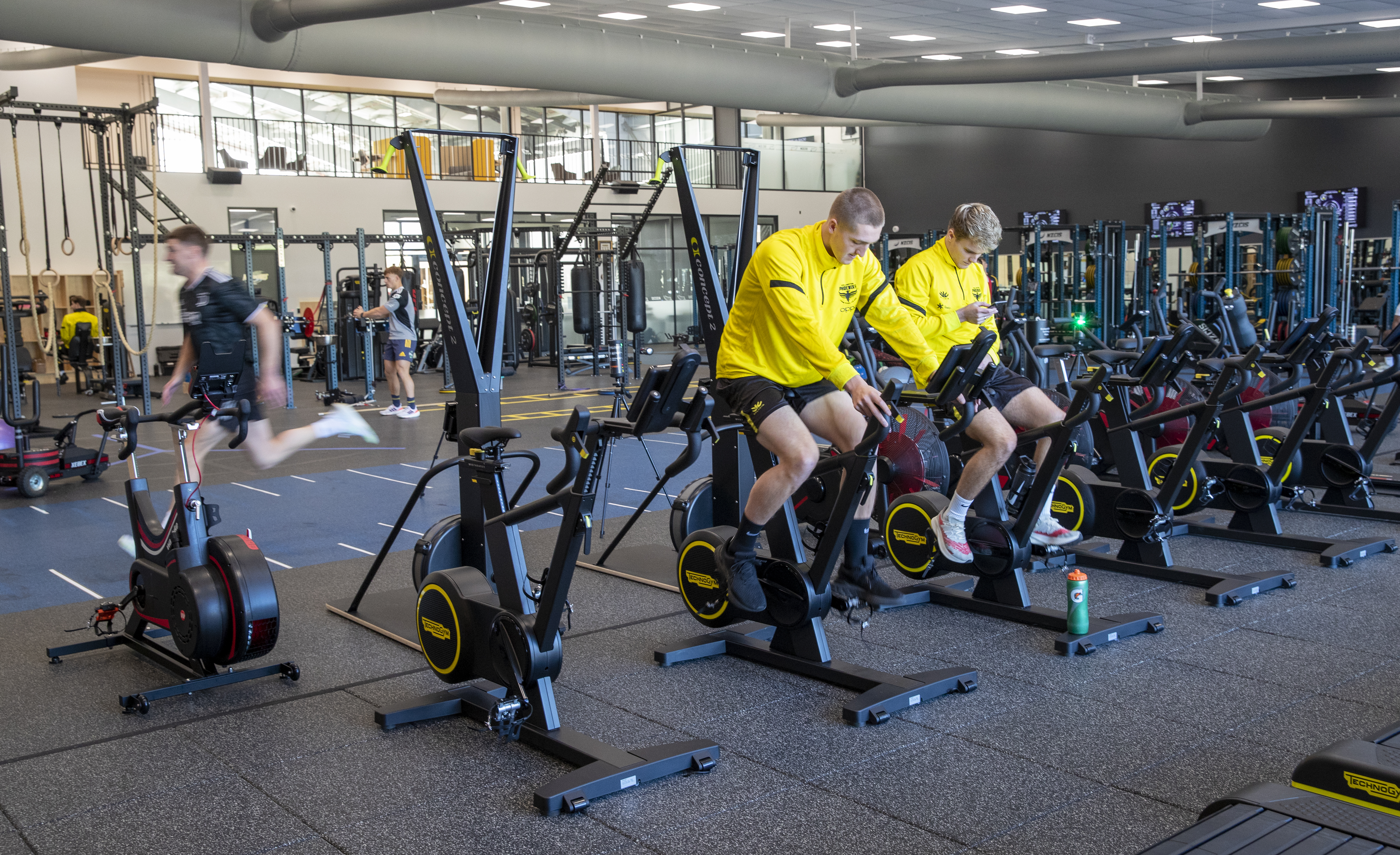 Phoenix and Hurricanes players sharing facilities in the 1000m2 Strength and Conditioning Room at the NZCIS Sports Hub in Trentham, Upper Hutt. Photo / Mark Mitchell