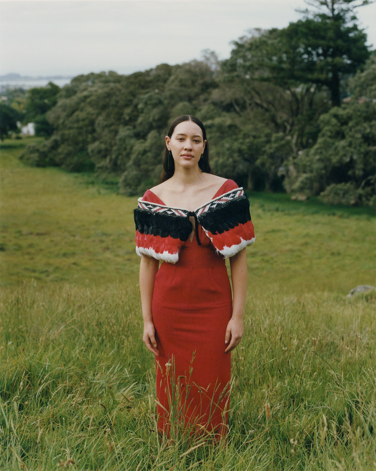 Fabienne wears a Kiri Nathan 1/4 length Kākahu Huru - Hauwhā handwoven by Brooke Mapstone, with the designer's blessing, and a gown by BW 36.174 (Blair Wheeler). Photo / Jerome Warburton