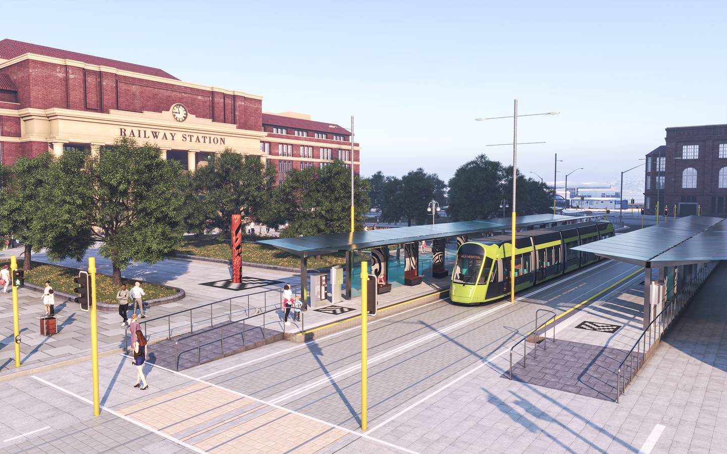 Artist impression of light rail outside Wellington Railway Station. Image / LGWM