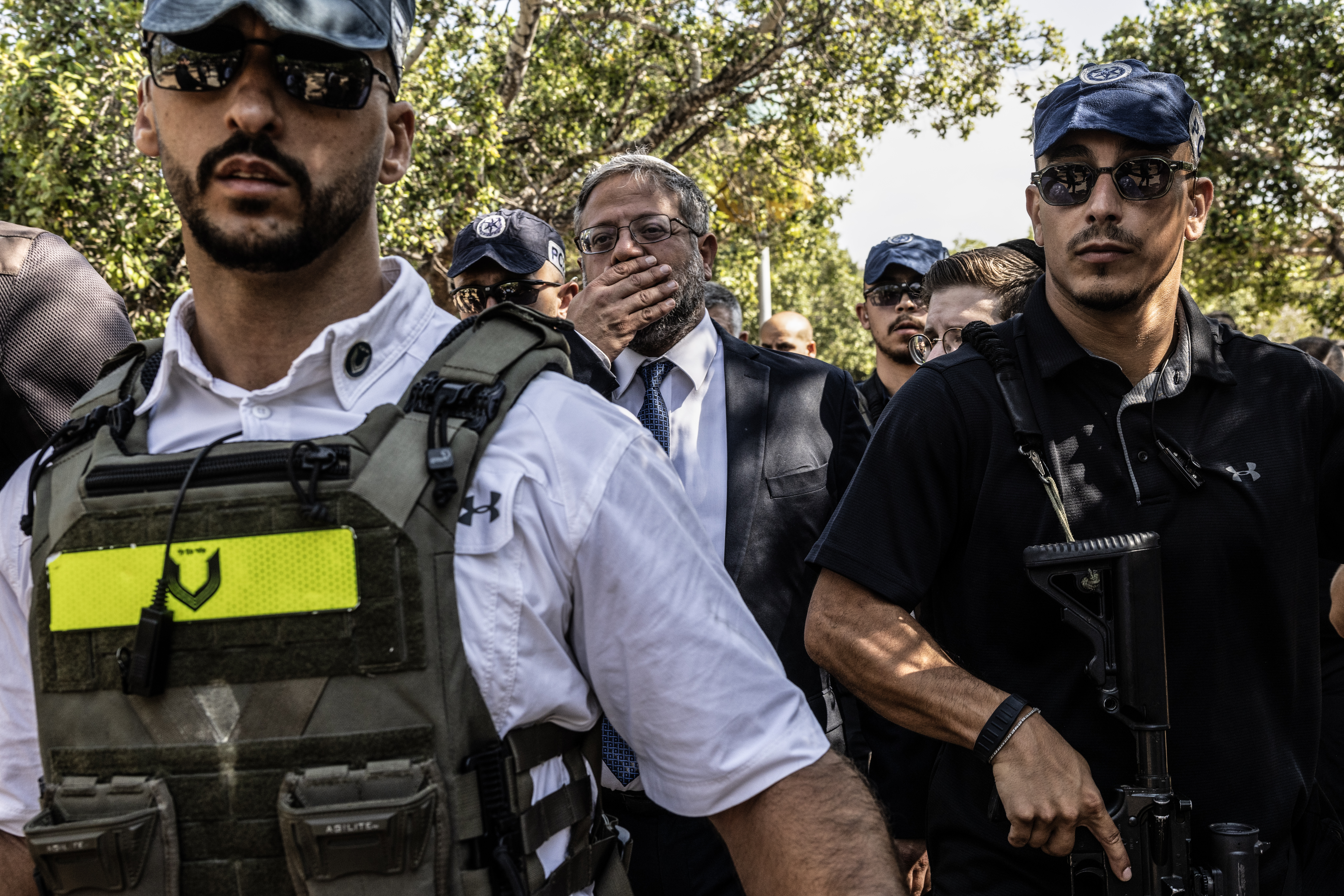 Israel's National Security Minister Itamar Ben Gvir arrives to the site of a stabbing attack in Holon, Israel, on Sunday. Photo / Heidi Levine for the Washington Post
