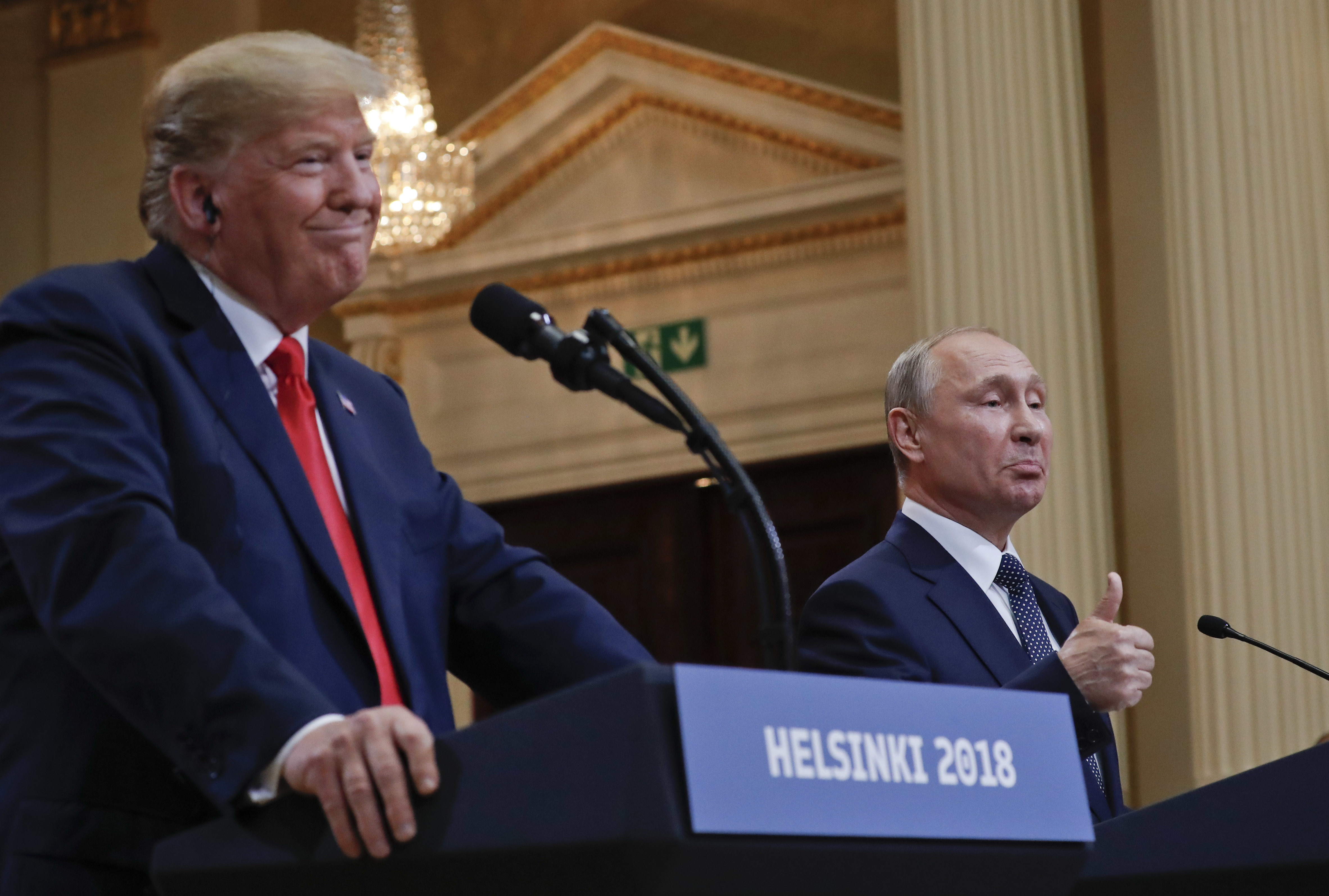 Russian President Vladimir Putin and Donald Trump at a joint news conference at the Presidential Palace in Finland in 2018. Photo / AP