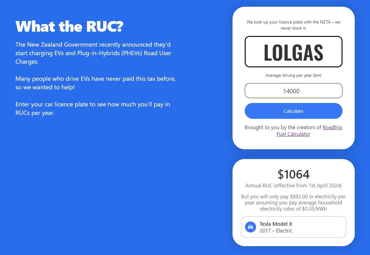 WhatTheRuc.com estimates an EV's charging cost per year (based on your number plate, which is used to pull vehicle specs from an NZTA database) plus road user charges for the same mileage.