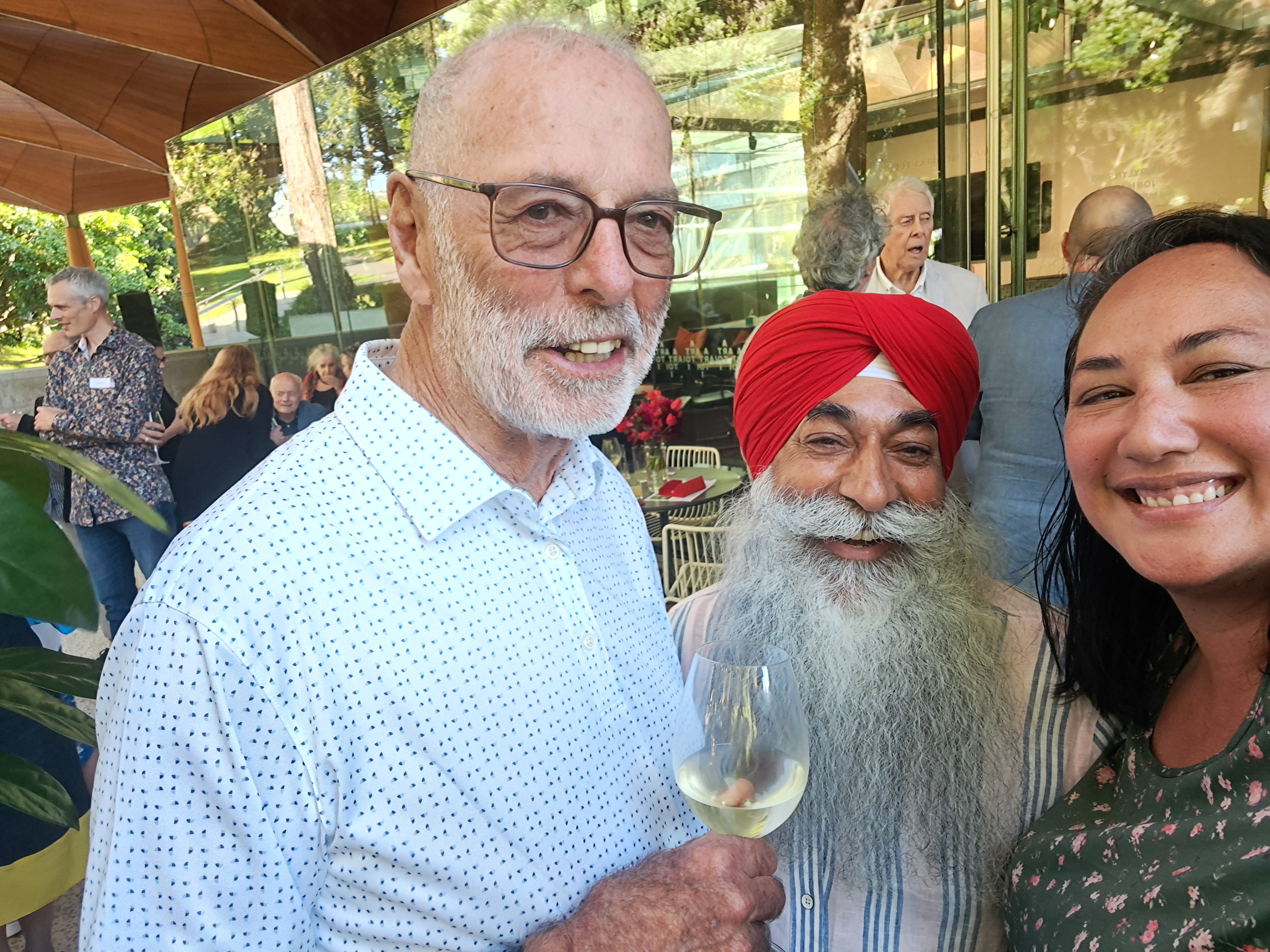 Auckland Mayor Wayne Brown with community leader Kharag Singh and Whau councillor Kerrin Leoni.
