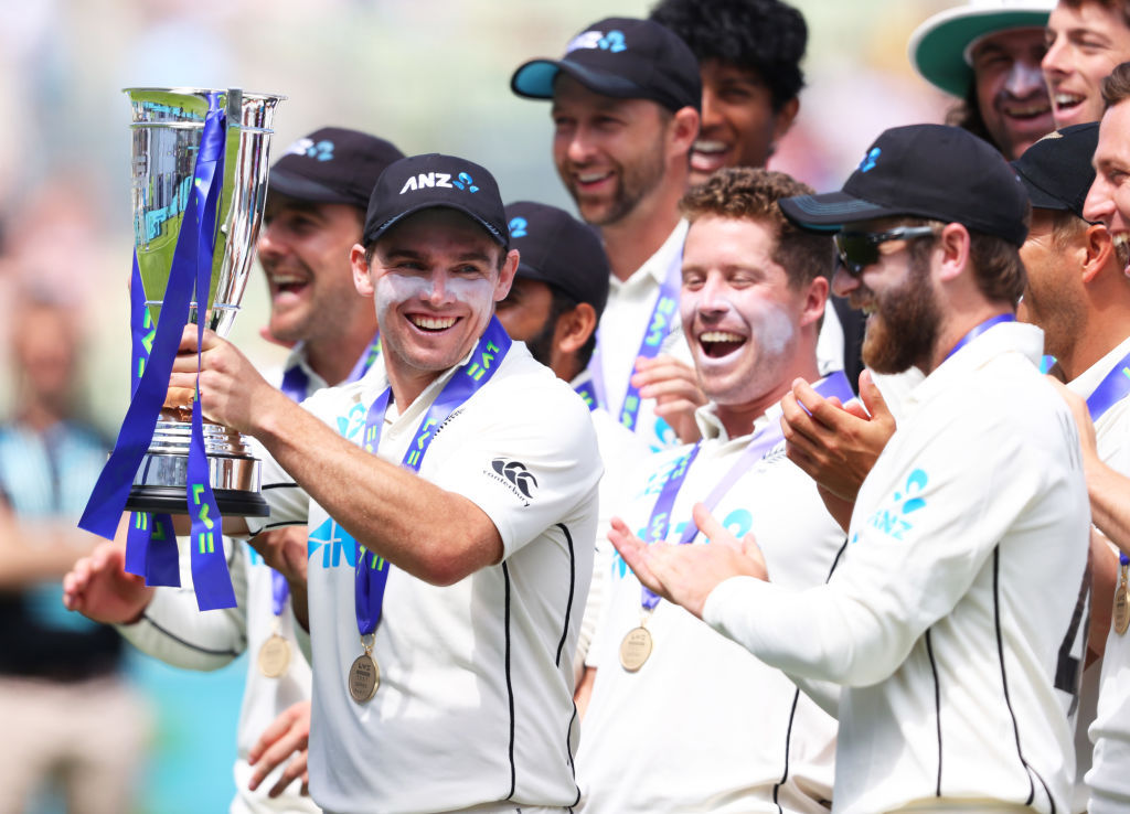 Tom Latham and the Black Caps celebrate with the test series trophy after beating England. Photo / Getty