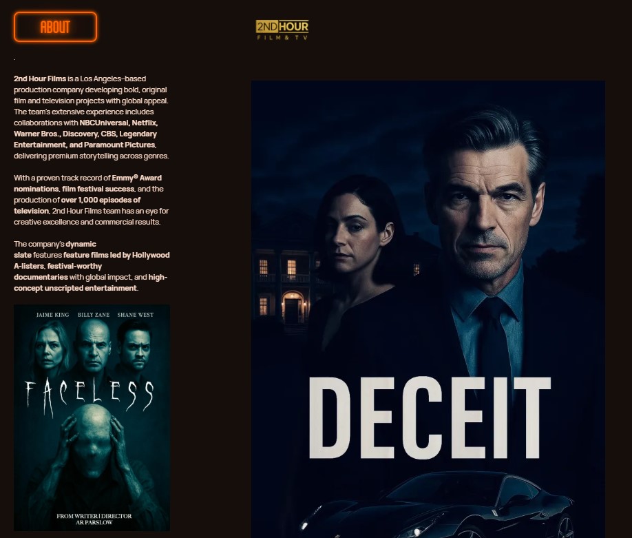 The homepage of 2nd Hour Films earlier this week.