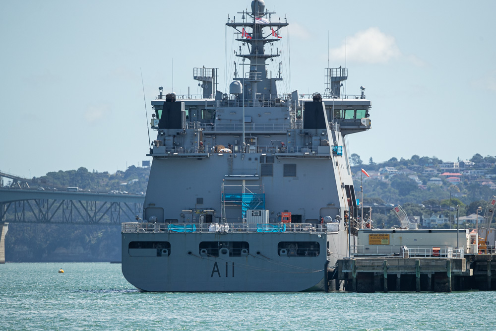 At 173m, the HMNZS Aotearoa is the largest ship ever to serve in the Royal New Zealand Navy, longer even than the cruisers used in World War II like the HMNZS Achilles. Photo / Jason Dorday
