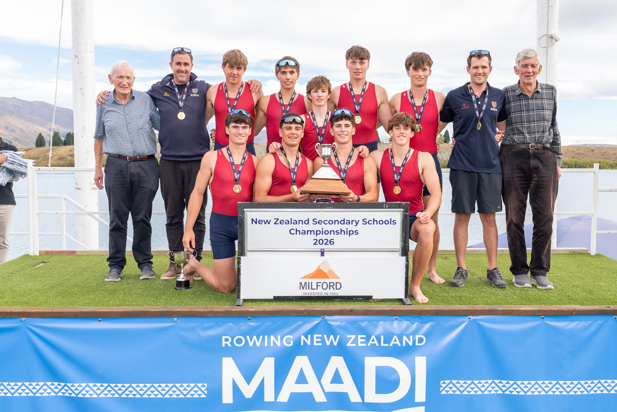King's College, 2026 Maadi Cup Champions at Lake Ruataniwha, Twizel. The cup was presented by King's old boys and previous Maadi Cup winners Murray MacDonald (1959) and Alistair Dryden (1960). Photo / Conrad Blind - Picture Show Ltd