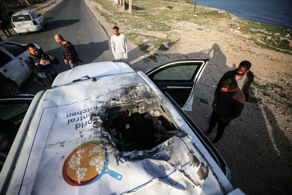 A vehicle where employees from the World Central Kitchen were killed in an Israeli airstrike. Seven aid workers from the UK, Australia, Poland, dual citizens of the US and Canada, and Palestine were killed in the attack. Photo / Getty