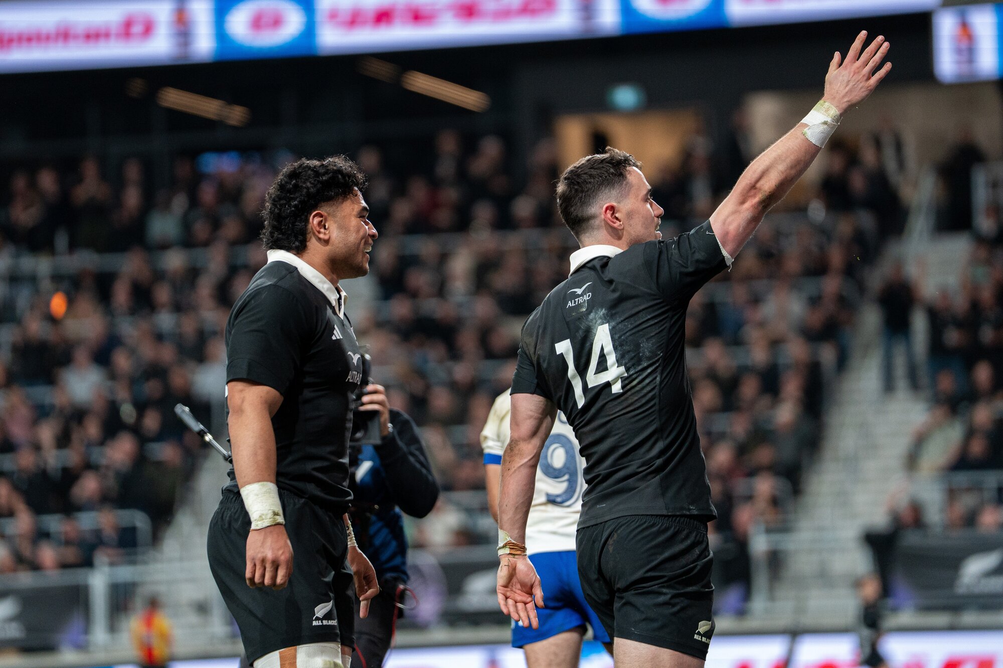 All Blacks winger Will Jordan acknowledges the fans after scoring against France in Christchurch. Photo / Alyse Wright 