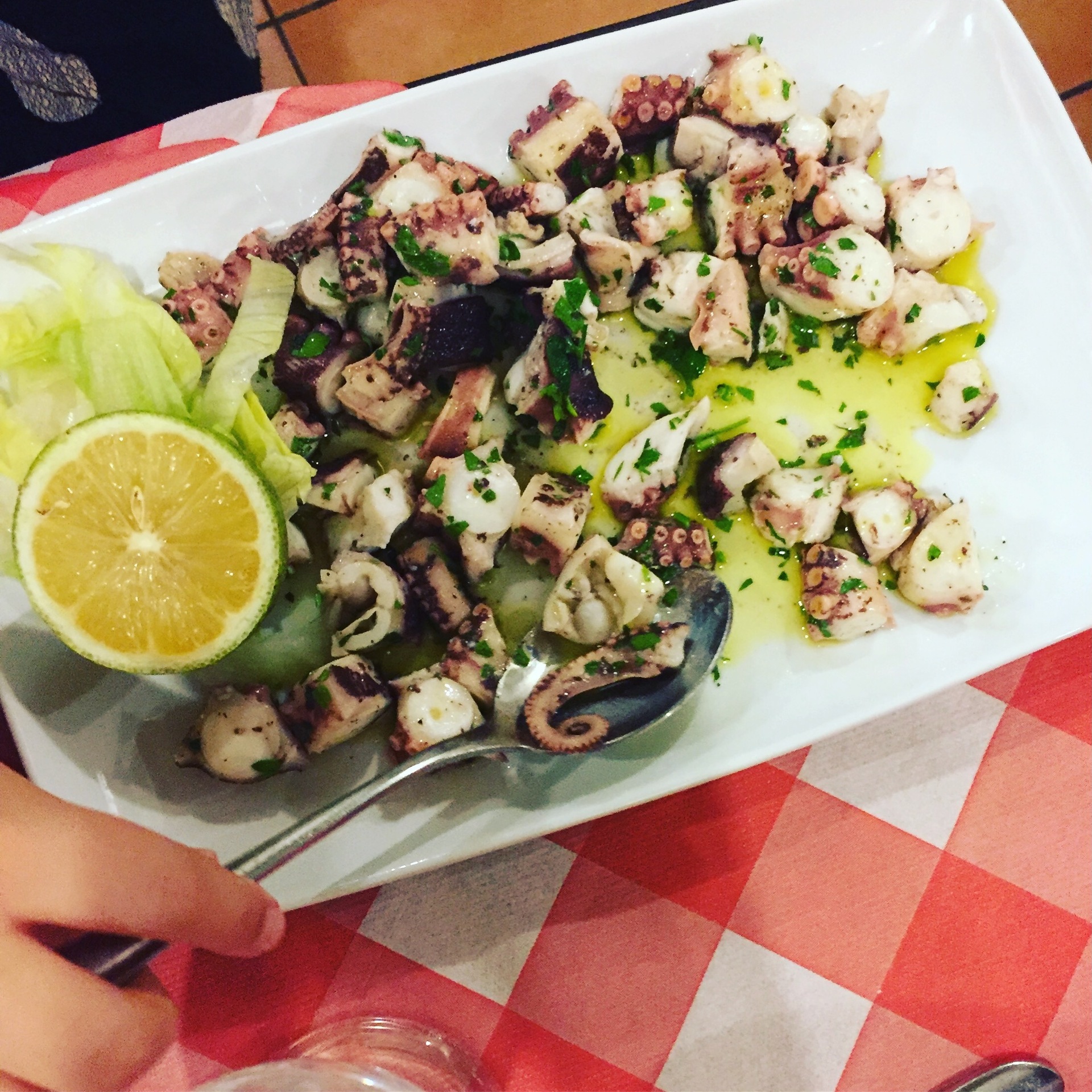 the Ortigian approach with octopus sees it braised and sliced, and served in a lukewarm salad with potato. Photo / Anna King Shahab