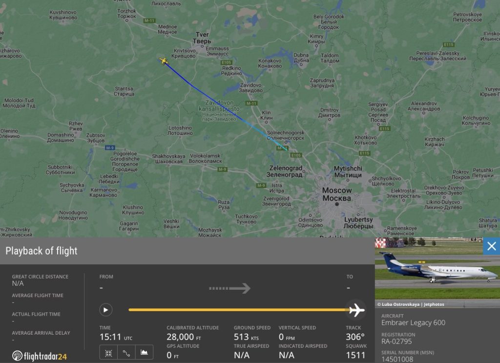 The Embraer belonging to Yevgeny Prigozhin unexpectedly lost altitude and crashed on Wednesday evening, after departing Moscow. Screenshot / Flightradar 24