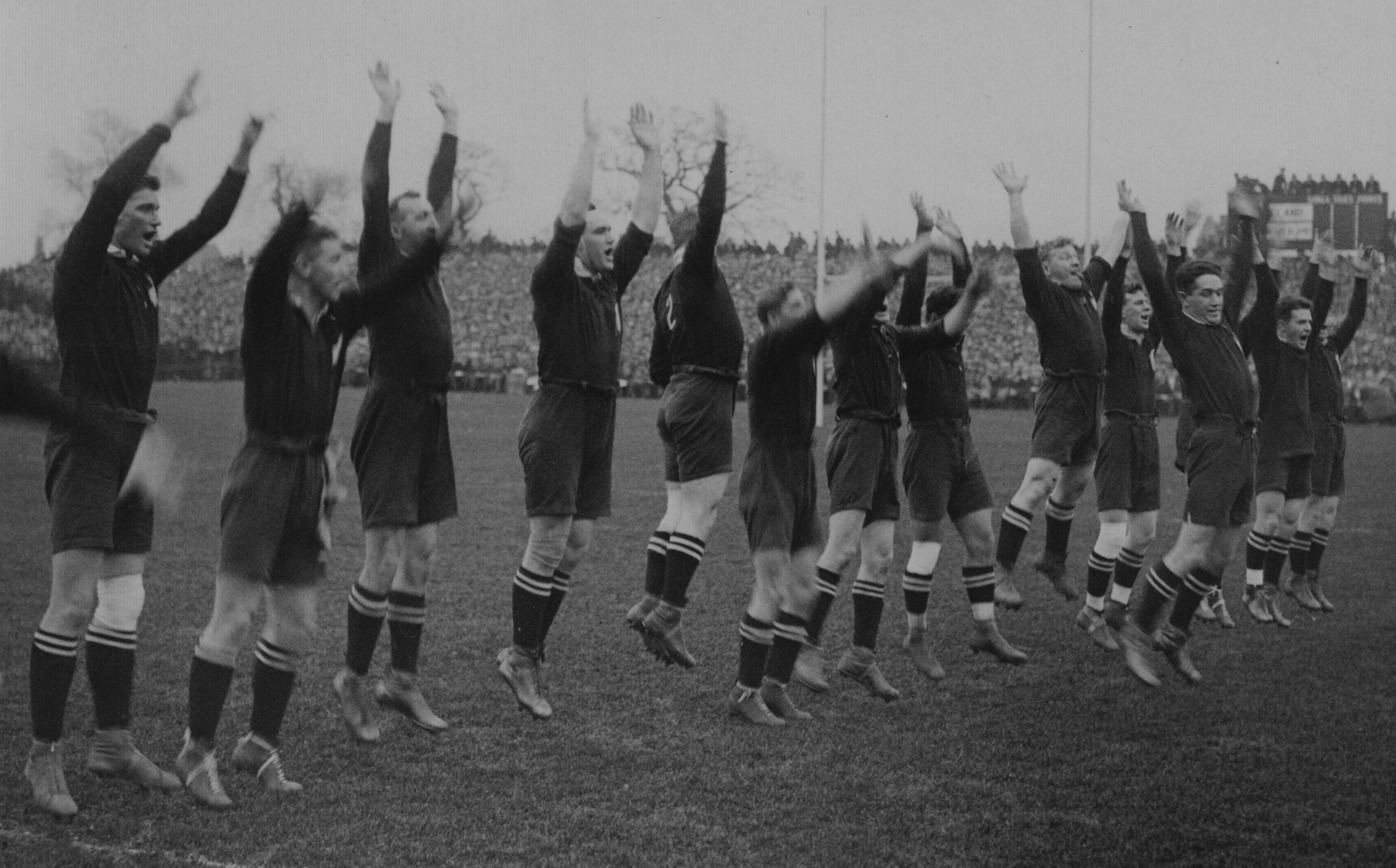 The All Blacks perform a haka before playing England at Twickenham in 1925. (New Zealand Rugby Museum)