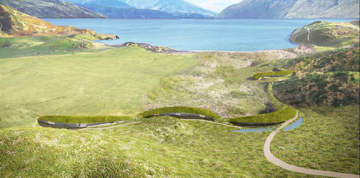 The lodge (centre) will disappear or hunker down within the landscape. Photo / supplied
