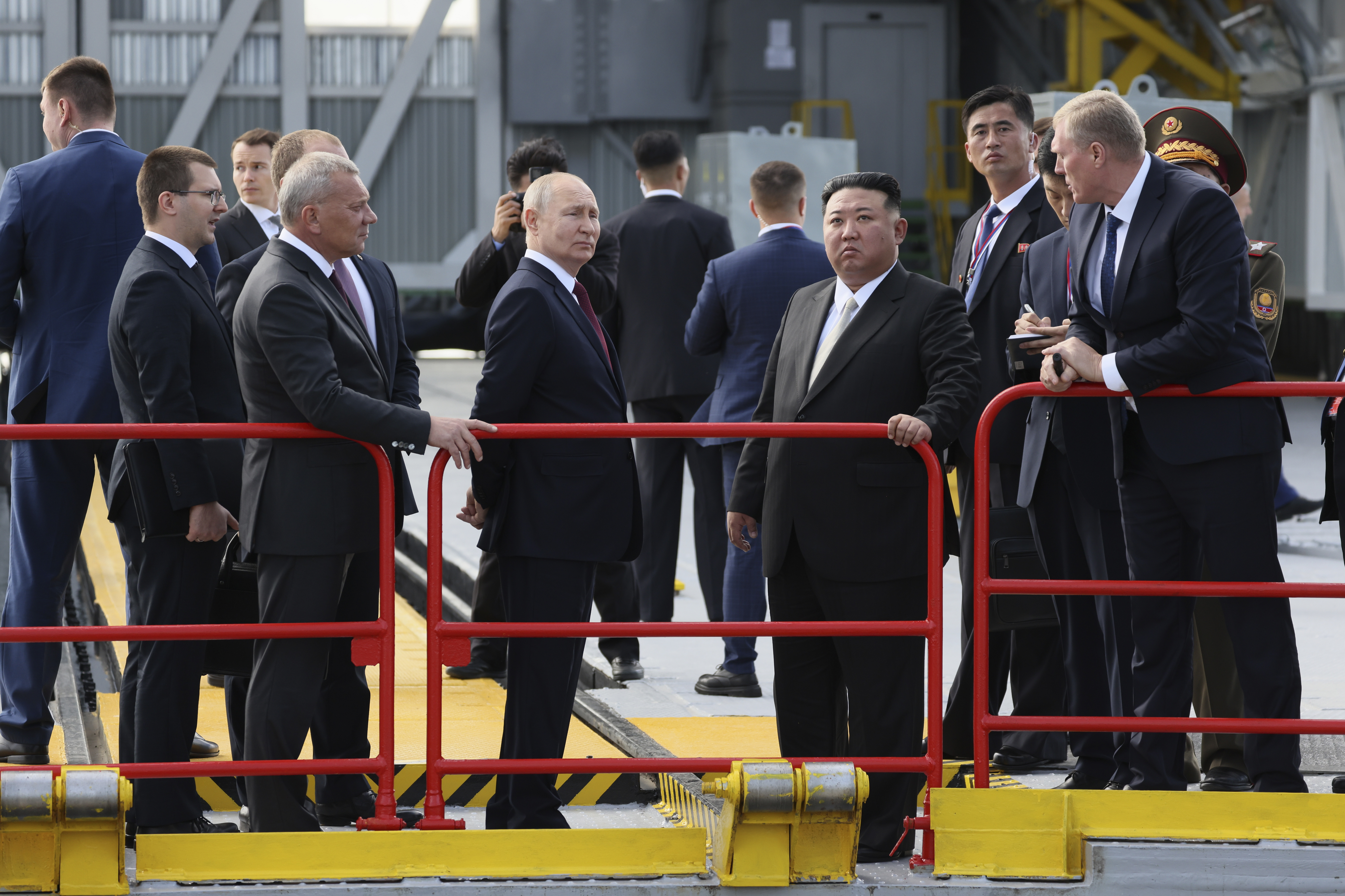 Russian President Vladimir Putin and North Korea's leader Kim Jong Un examine a launch pad during their meeting at the Vostochny cosmodrome. Photo / AP