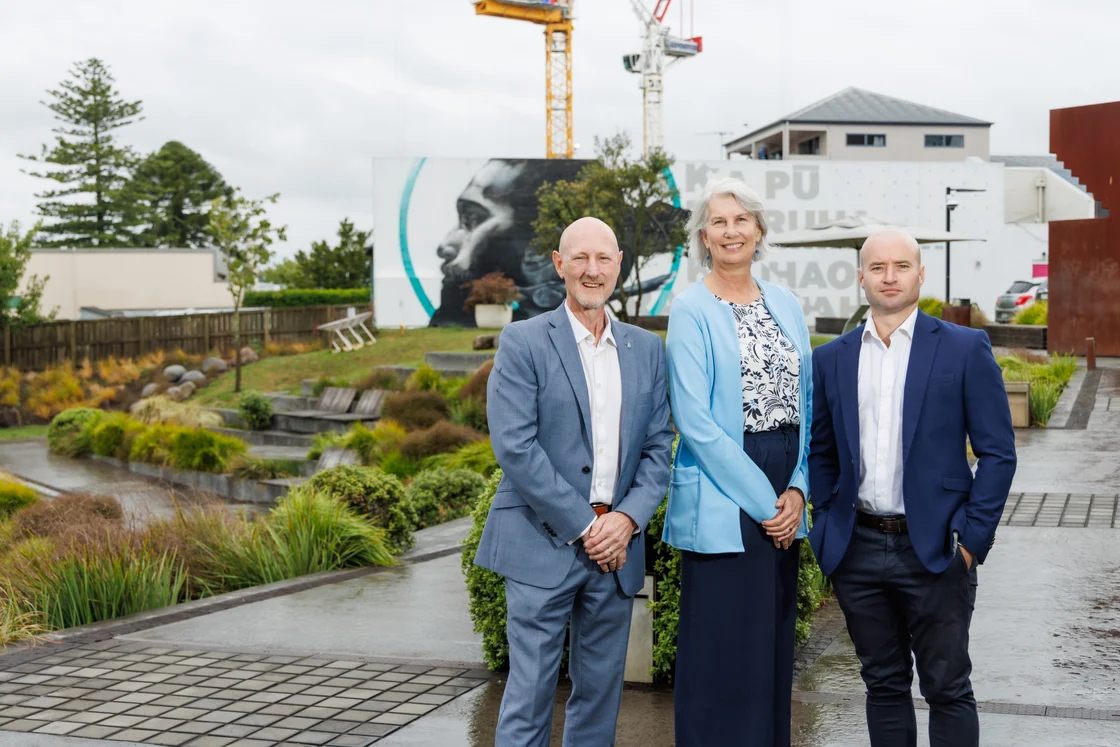 Hamilton City Councillor Ewan Wilson (left), Mayor Paula Southgate and Templeton Group Development Director, Ben Jones. Photo / Hamilton City Council