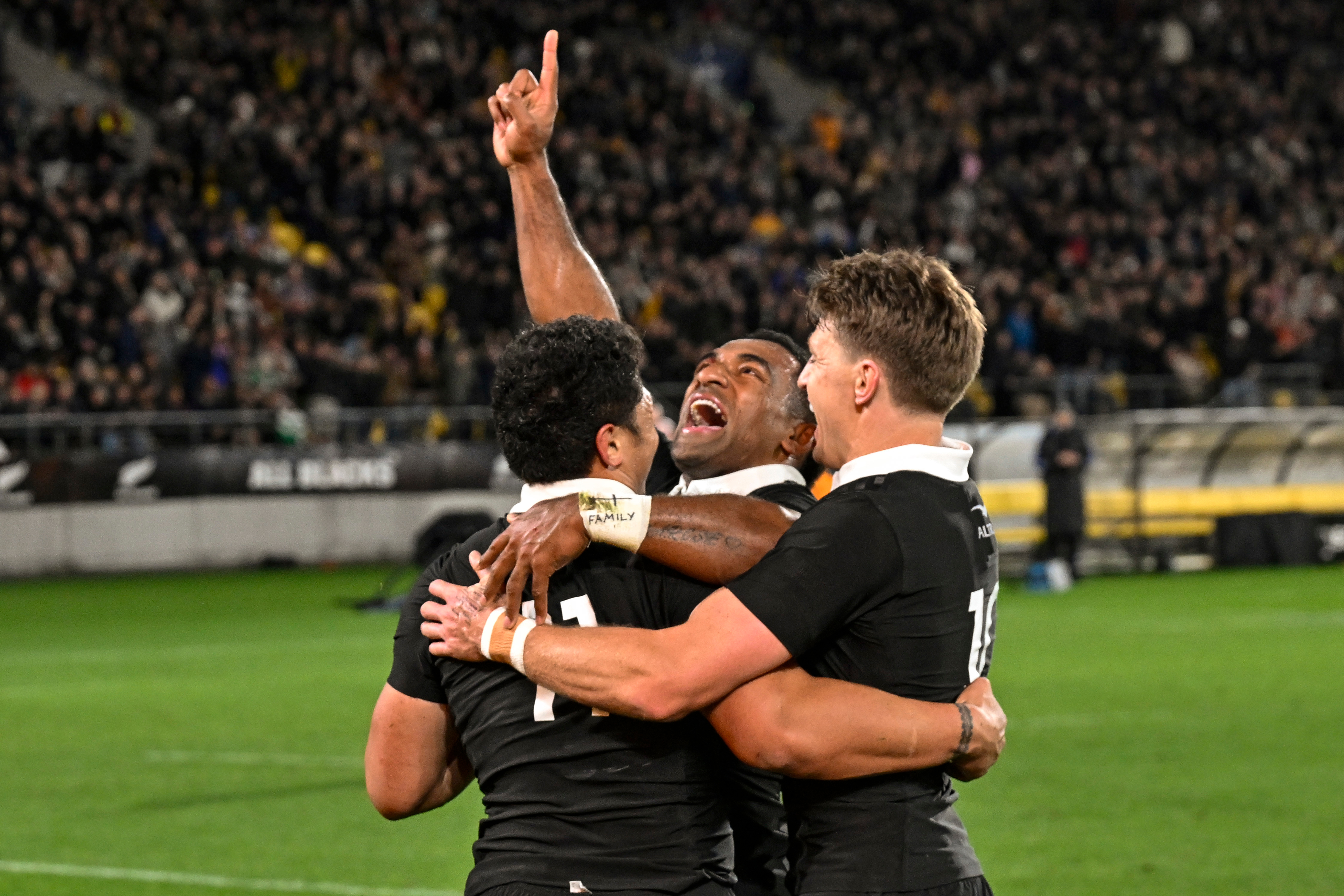 The All Blacks celebrate a try for Caleb Clarke against the Wallabies. Photo / Photosport