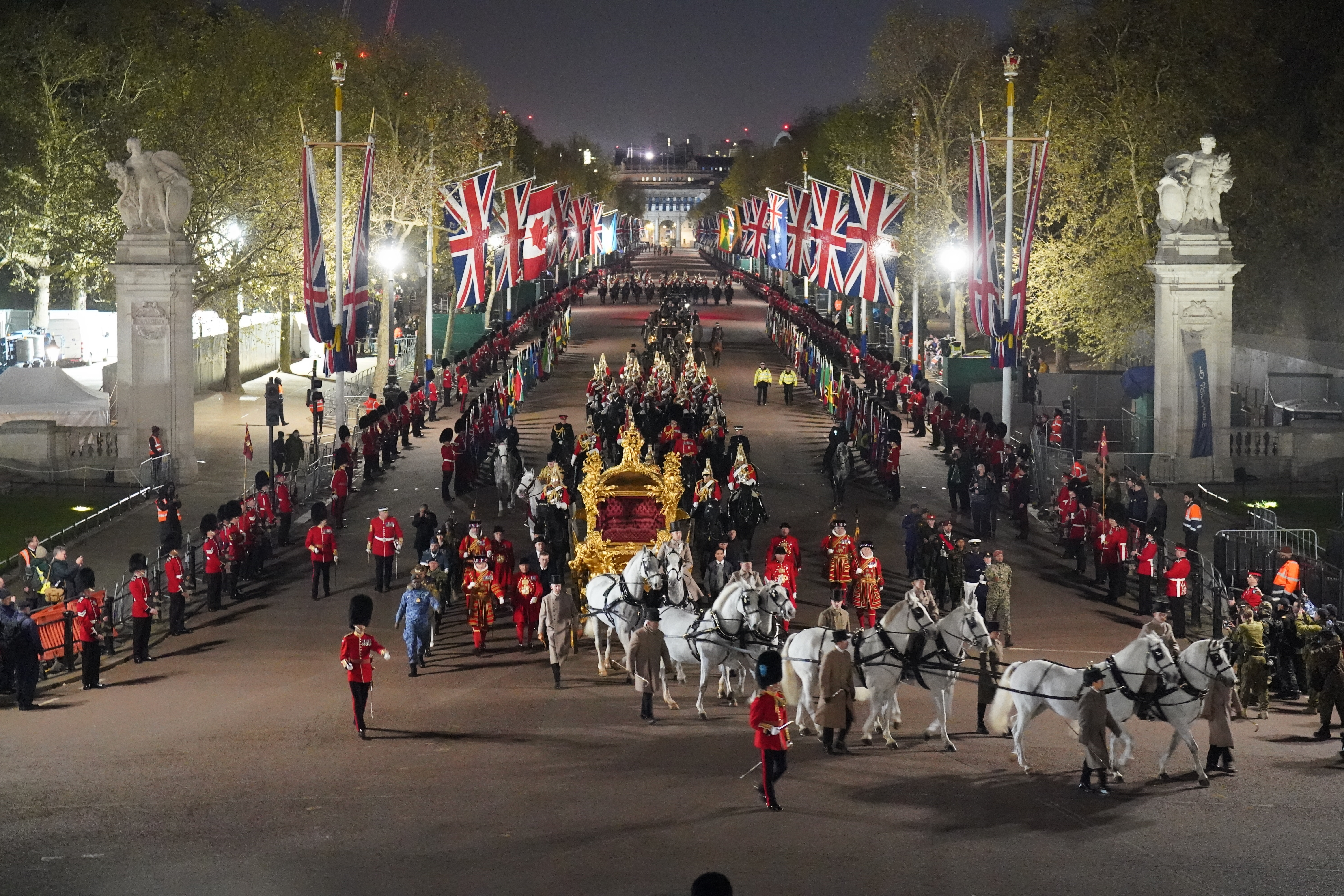 A night time rehearsal in central London for the coronation of King Charles III, which will take place this weekend. Photo / PA Images via Getty Images