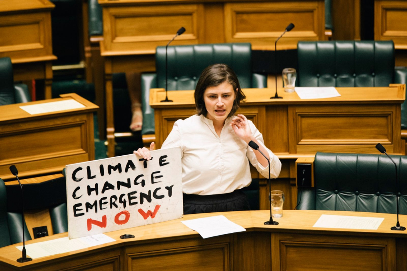 Green Party MP Chloe Swarbrick with a Climate Emergency sign at Parliament in 2019.
