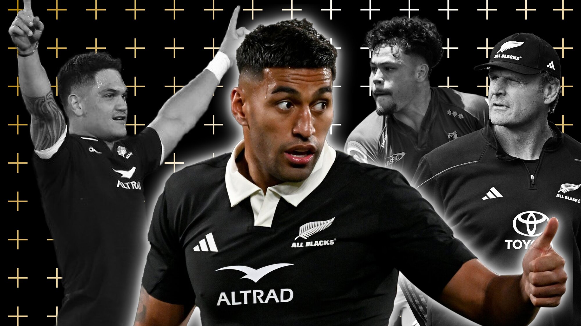 Selection decisions for the All Blacks over (from left) Quinn Tupaea, Rieko Ioane, Caleb Tangitau and for coach Scott Robertson. Photos / Photosport, SmartFrame