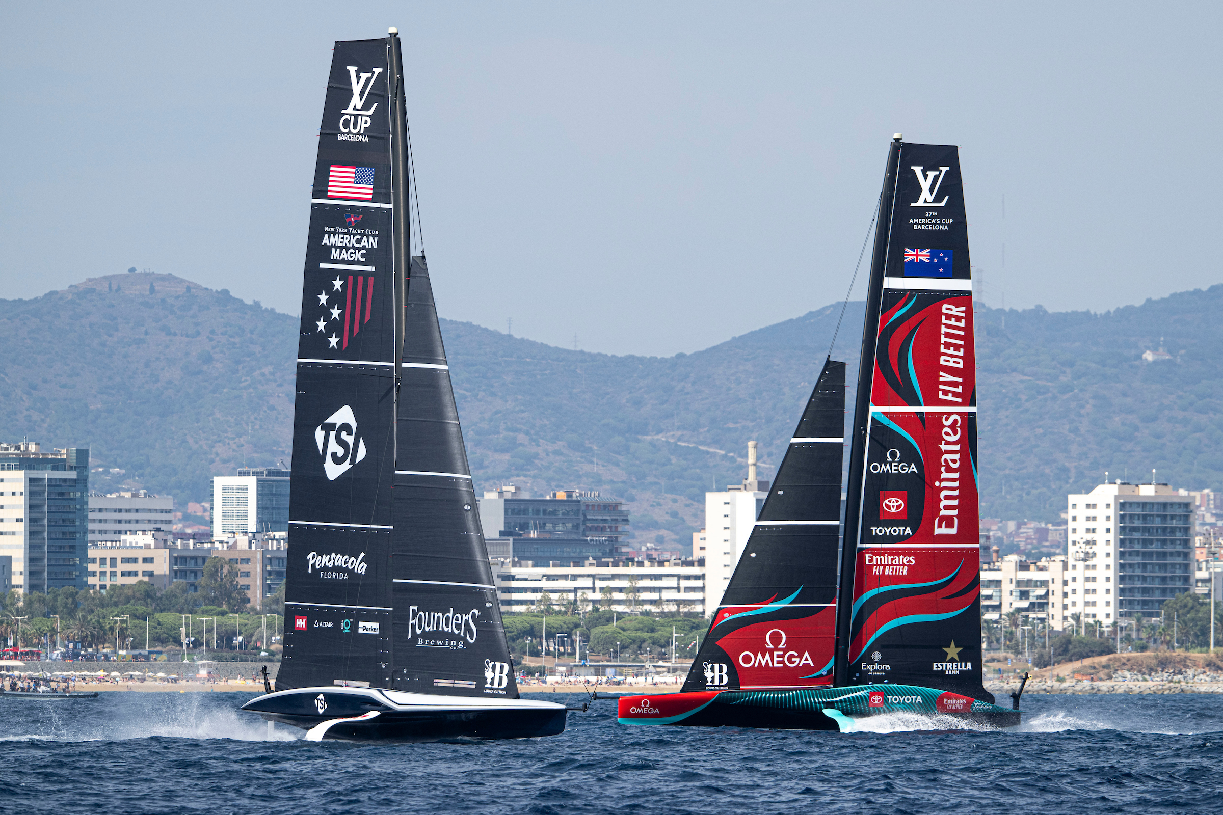Emirates Team New Zealand got the better of American Magic to close out a day of quality racing. Photo / Ricardo Pinto, America's Cup