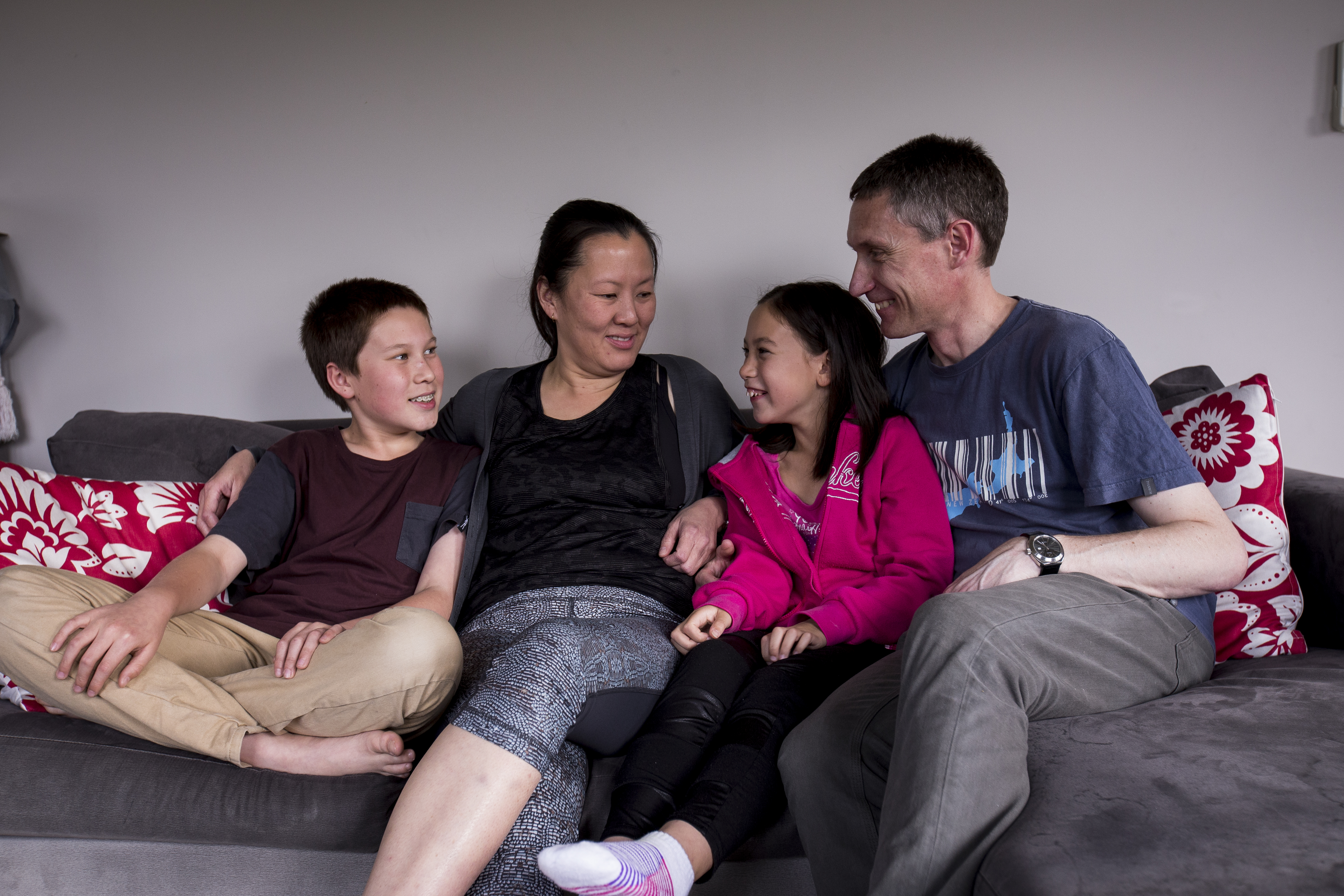 Hui-Leng Lee and Craig Perry with their children Adam Jun Ahn (left), 13, and Maia Shen Yin, 10. Photo / Dean Purcell