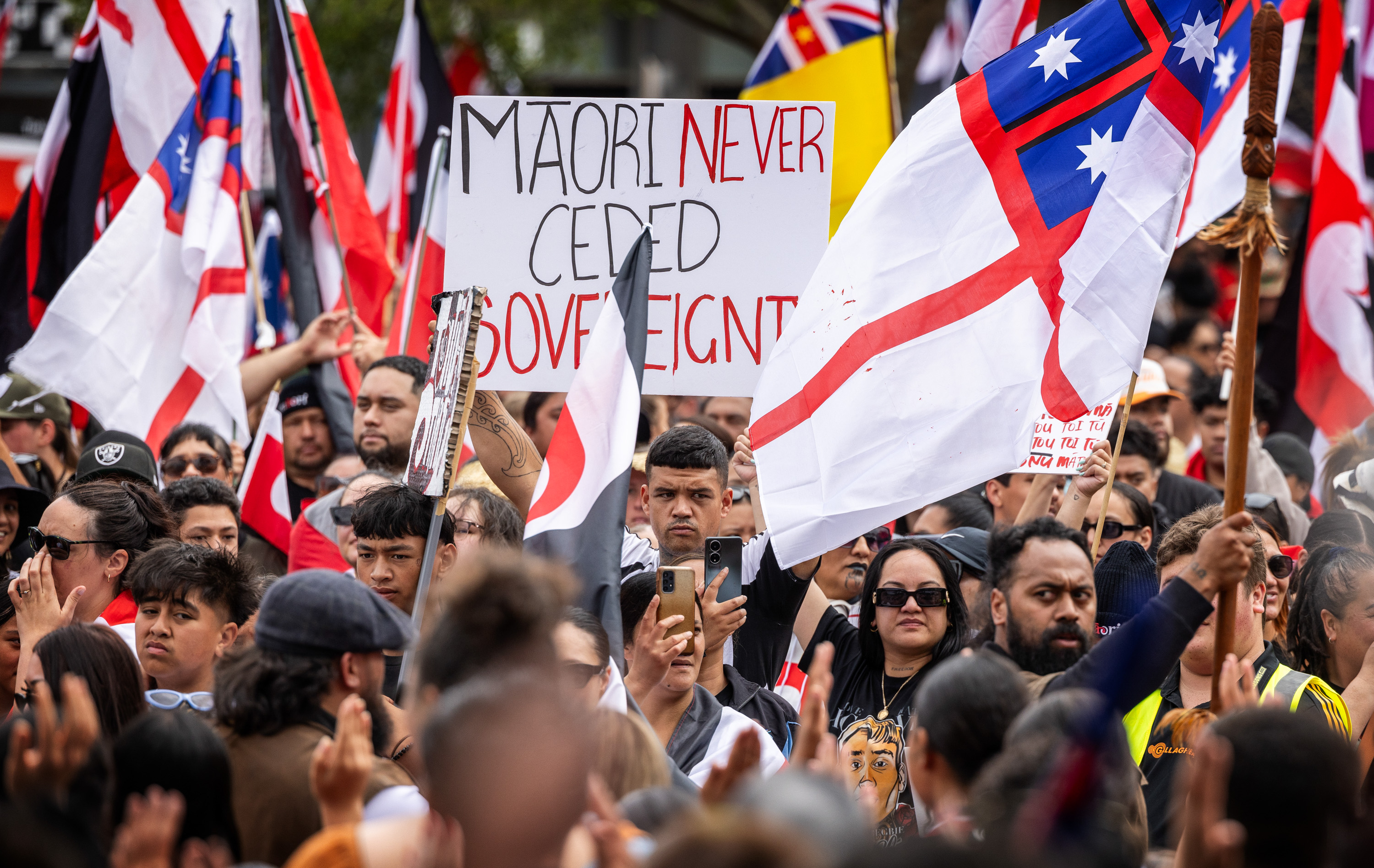 Hīkoi participants march in Hamilton on day four of a journey to Wellington. Photo / Mike Scott