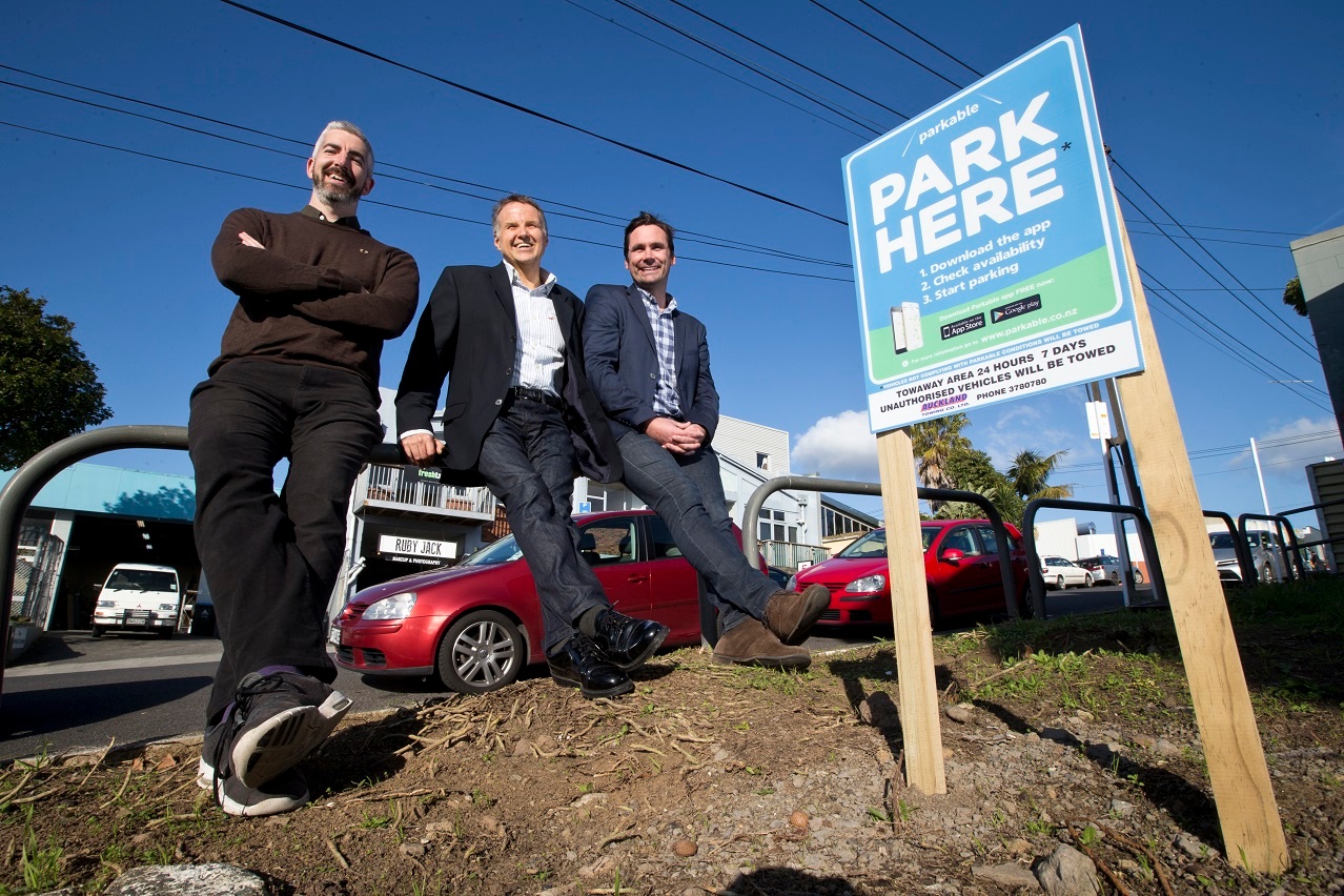 A flashback to 2015 when cofounders Brody Nelson, Warwick Beauchamp and Toby Littin were pushing Parkable as an app for locals to rent their driveway during a test at Eden Park. Photo / Jason Oxenham