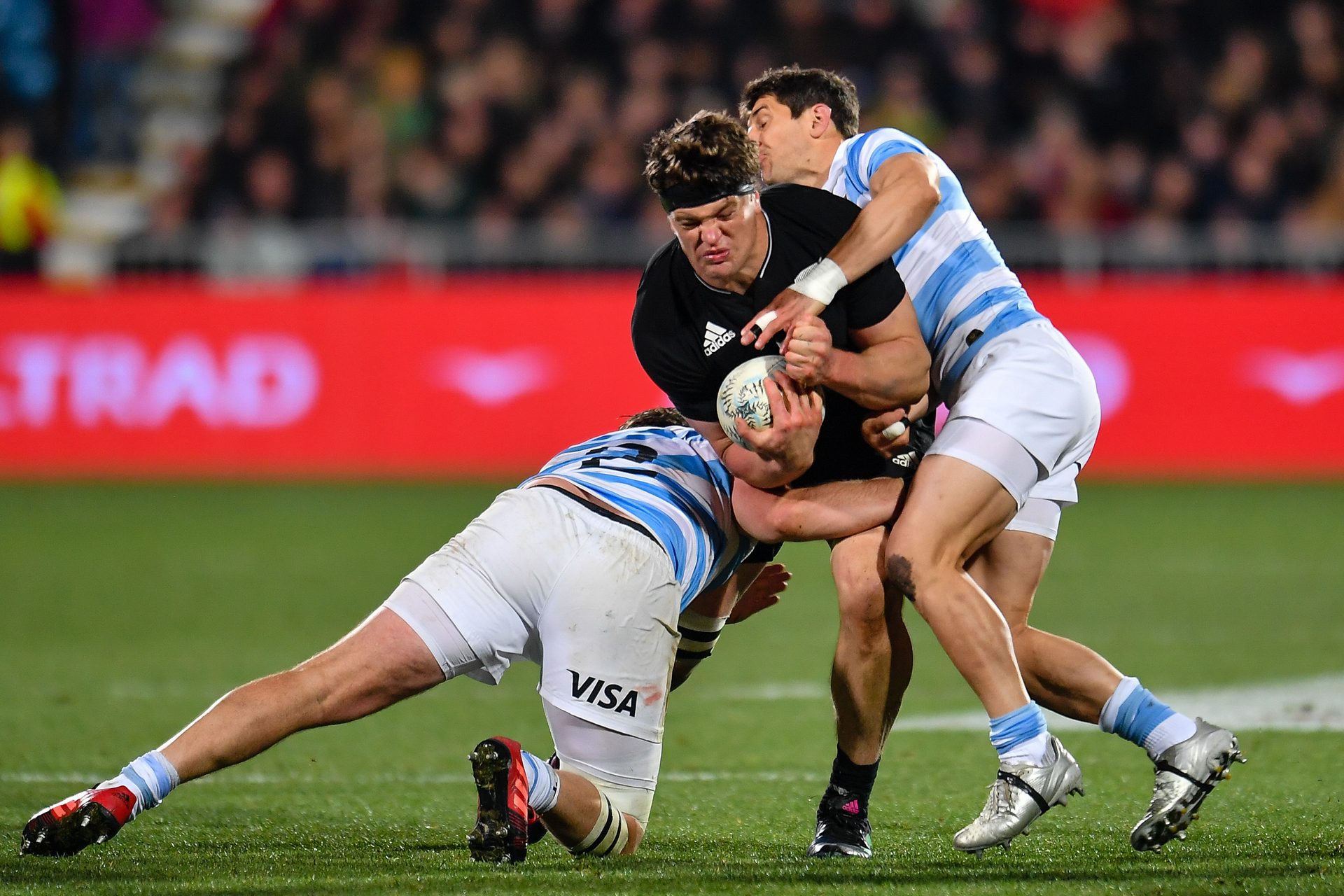 Scott Barrett is tackled while taking the ball into the Argentinian defensive line in 2022. Photo / Photosport