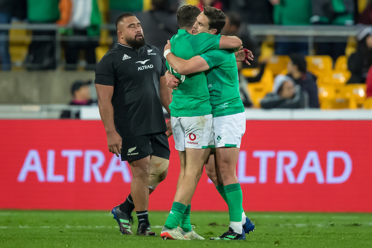 Ireland players celebrate beating the All Blacks in Wellington in 2022. Photo / Photosport