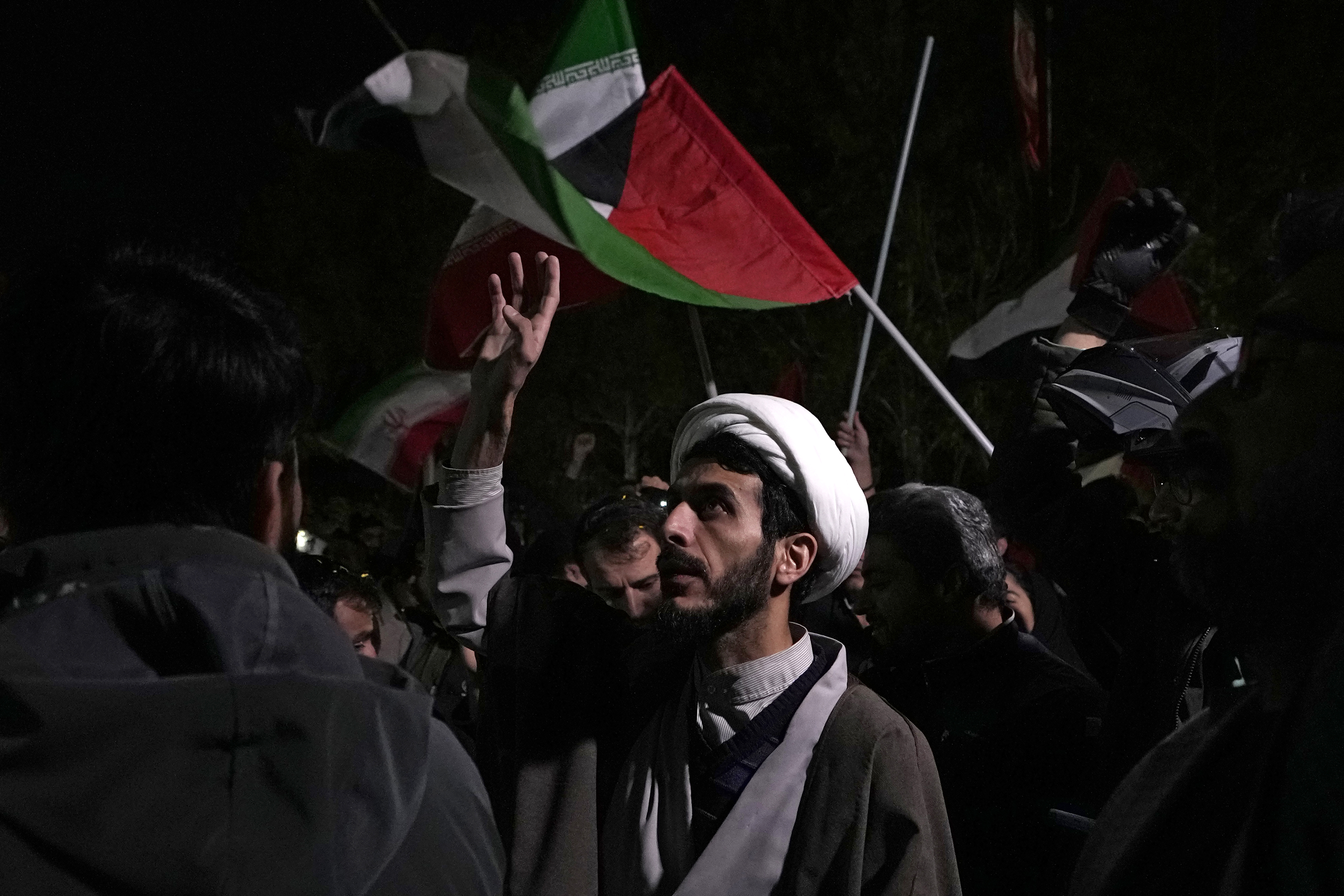 A cleric chants slogans during an anti-Israeli gathering in front of the British Embassy in Tehran, Iran. Photo / AP