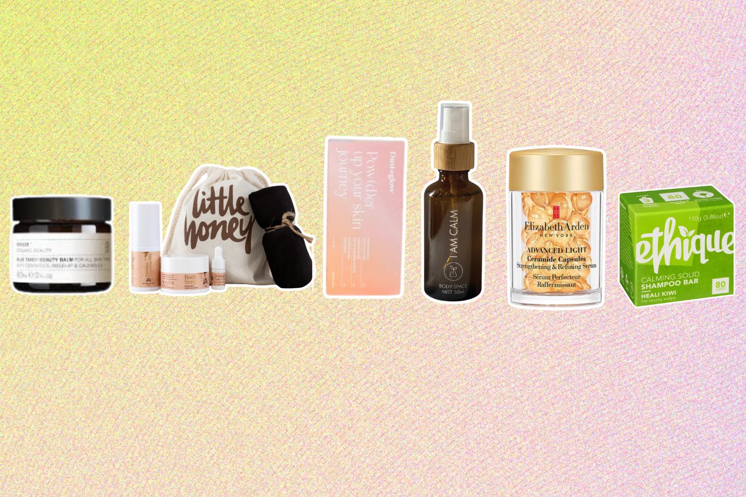 From left: Evolve Blue Tansy Beauty Balm; Little Honey Travel Kit; Dust & Glow Powder Up Your Travel Essentials; Plant Potions I Am Calm Flight Mist; Elizabeth Arden Advanced Light Ceramide Capsules Strengthening& Refining (30pc); Ethique Heali Kiwi Shampoo Bar.
