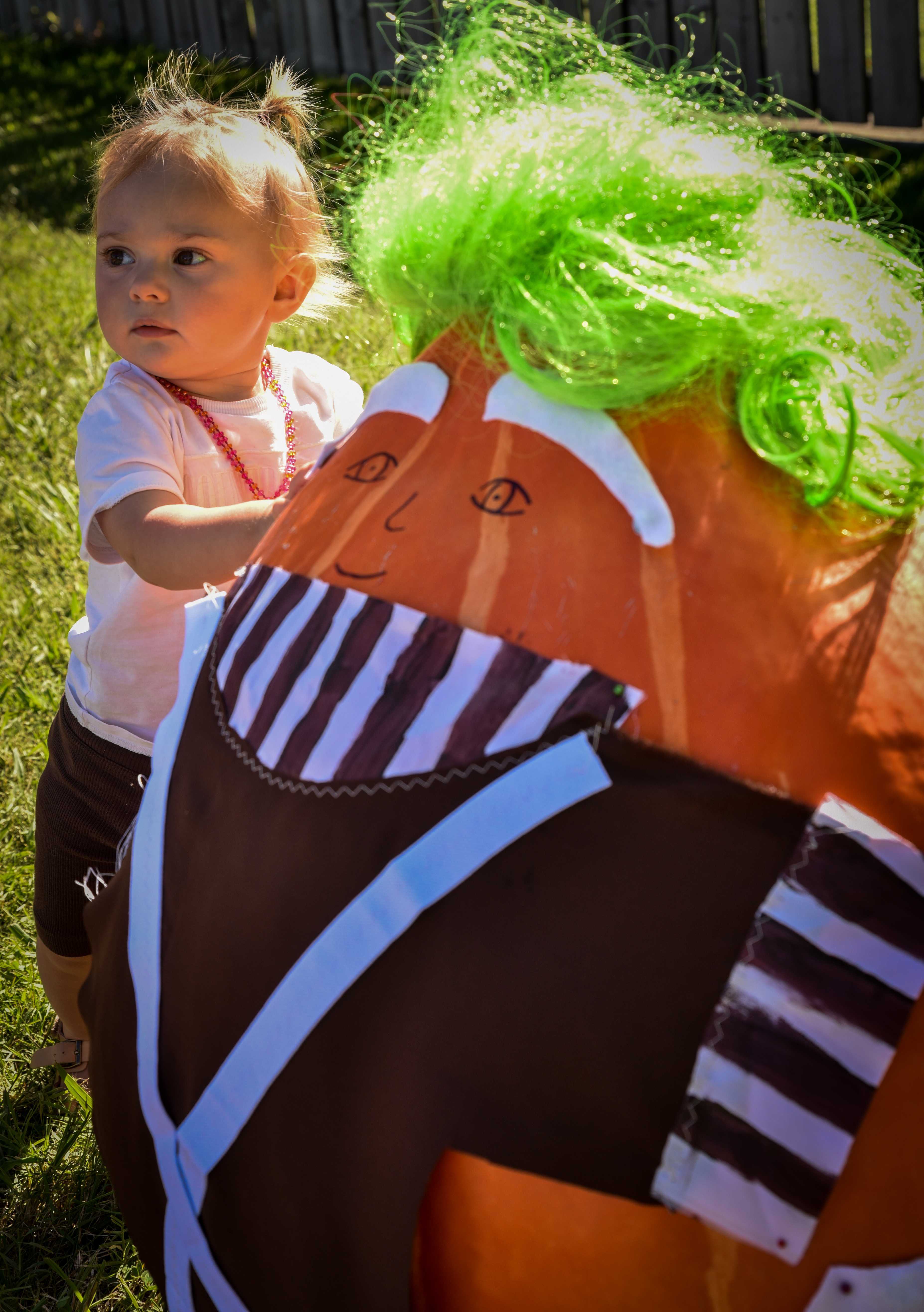 One-year-old Violet Hunt of Clive with a pumpkin bigger than her. Photo / Ian Cooper