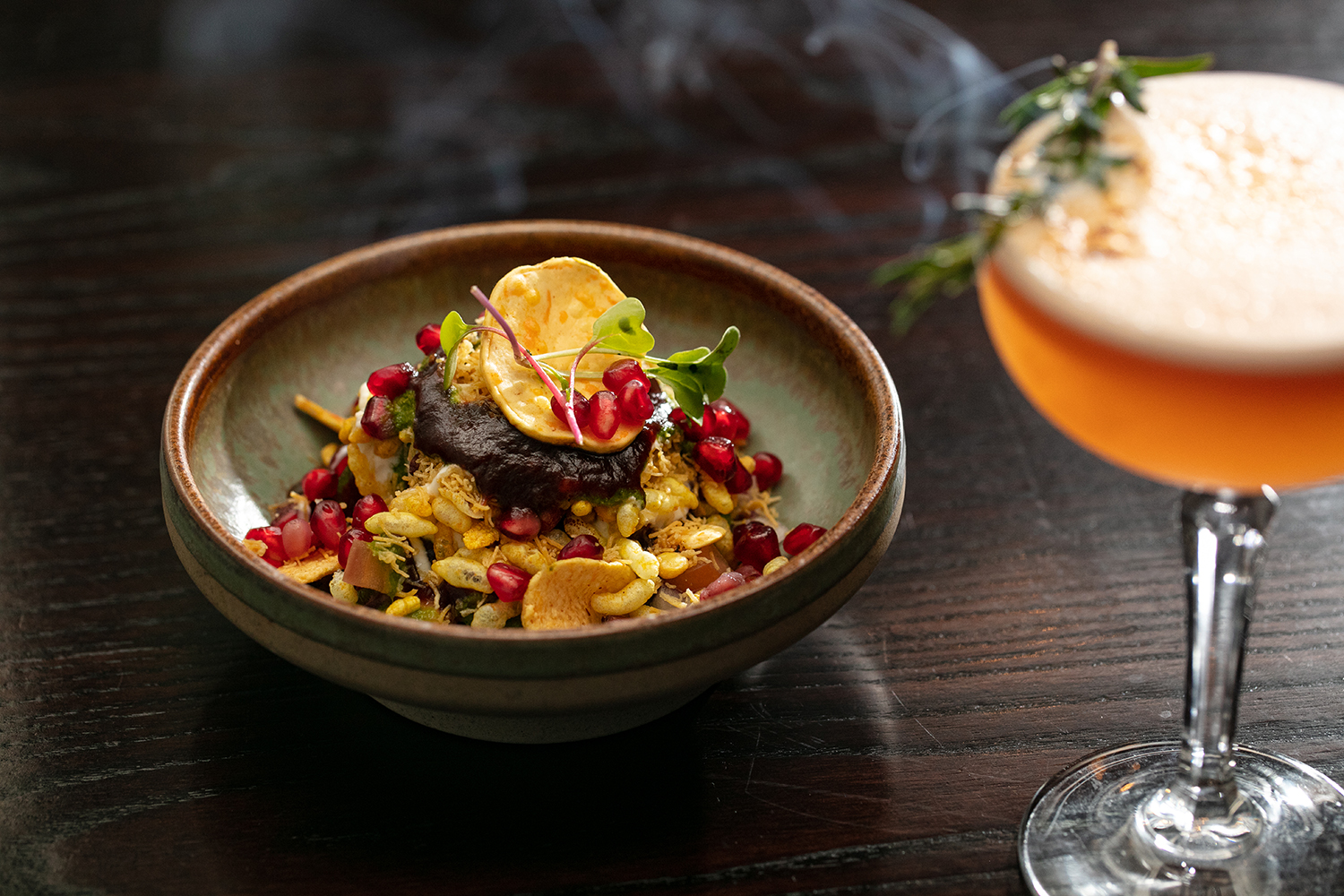 The chandni chowk ki chaat with a negroni sour cocktail. Photo / Babiche Martens