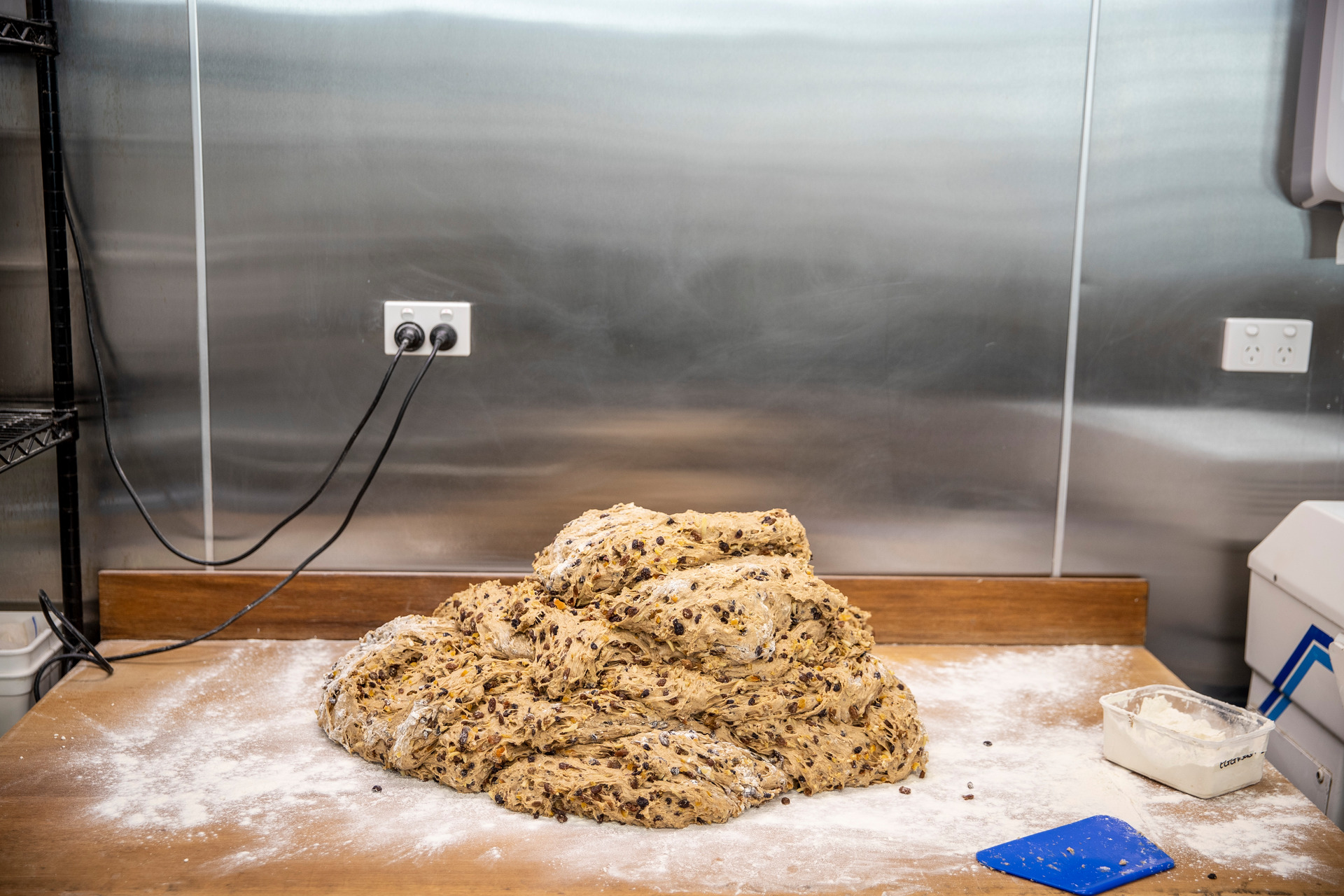 A mountain of stollen dough, ready for shaping (and marzipan stuffing) at Dauly Bread's Belmont bakery. Photo/Michael Craig