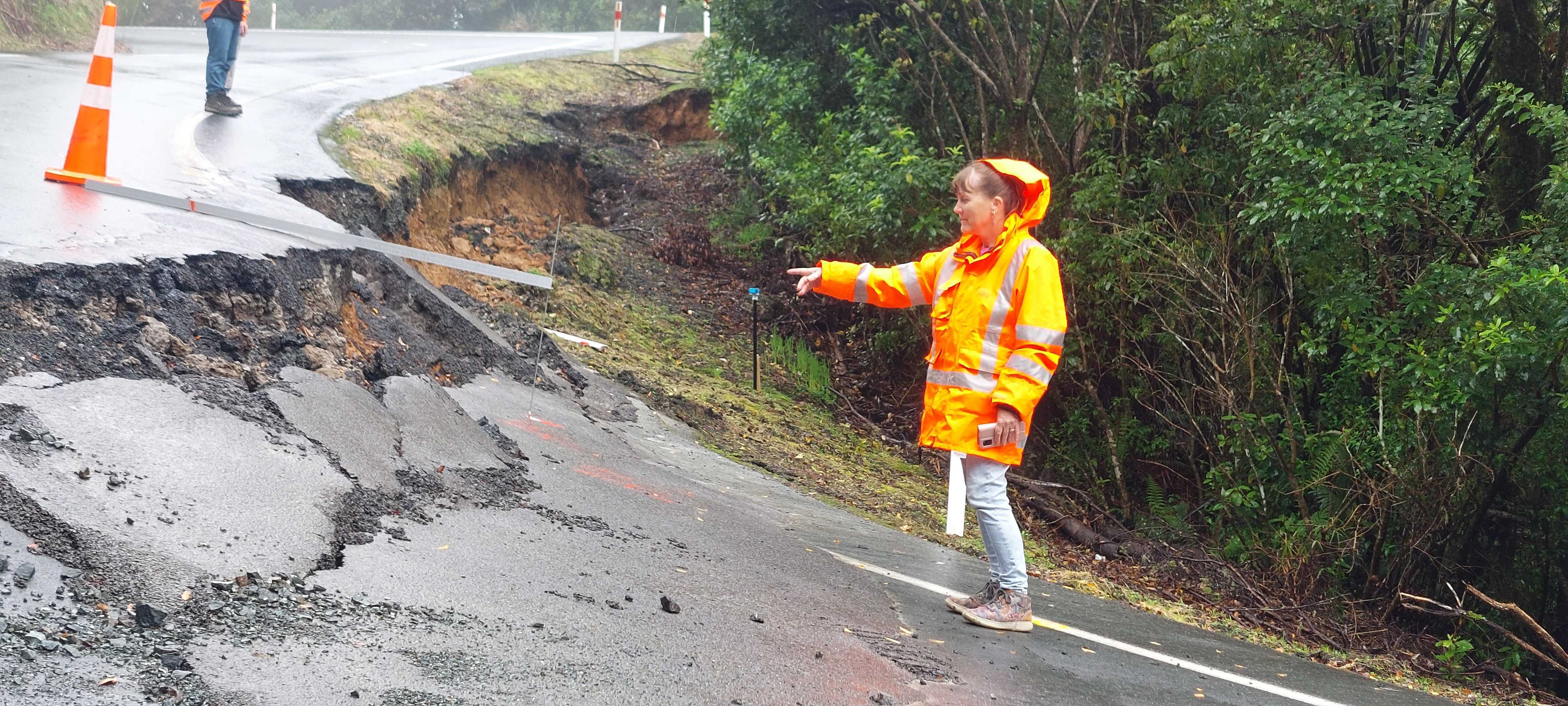 Far North councillor Ann Court surveys the damage of State Highway 1 through Mangamuka Gorge, which was closed in August following bad weather.