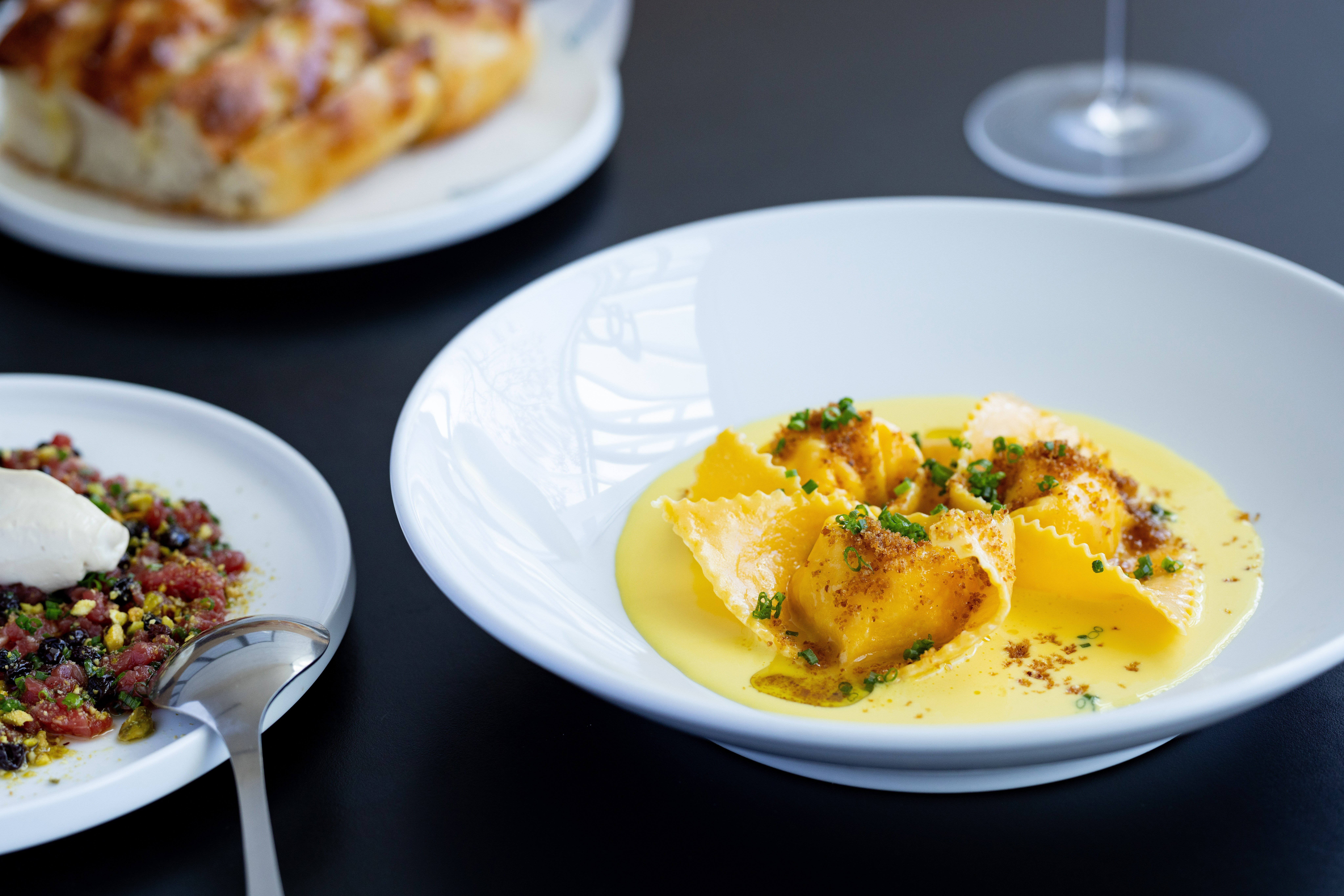 Bianca's cappelletti with prawn, saffron mascarpone, anchovy crumbs. Photo / Babiche Martens