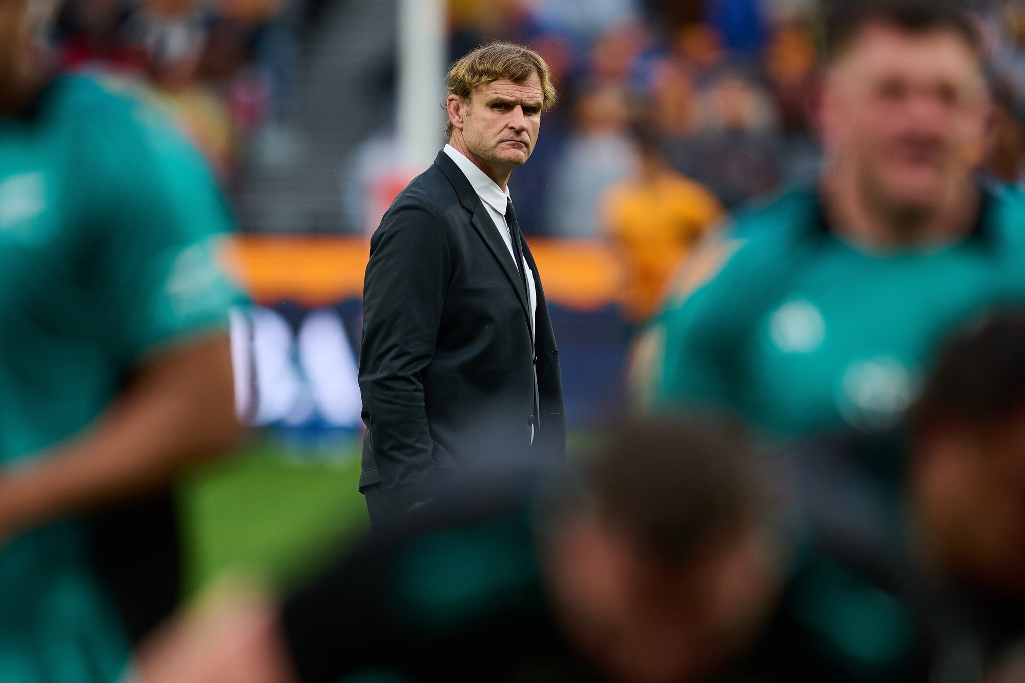 Former All Blacks coach Scott Robertson looks on as his players warm up ahead of a test against Australia, in Perth. Photo / Photosport