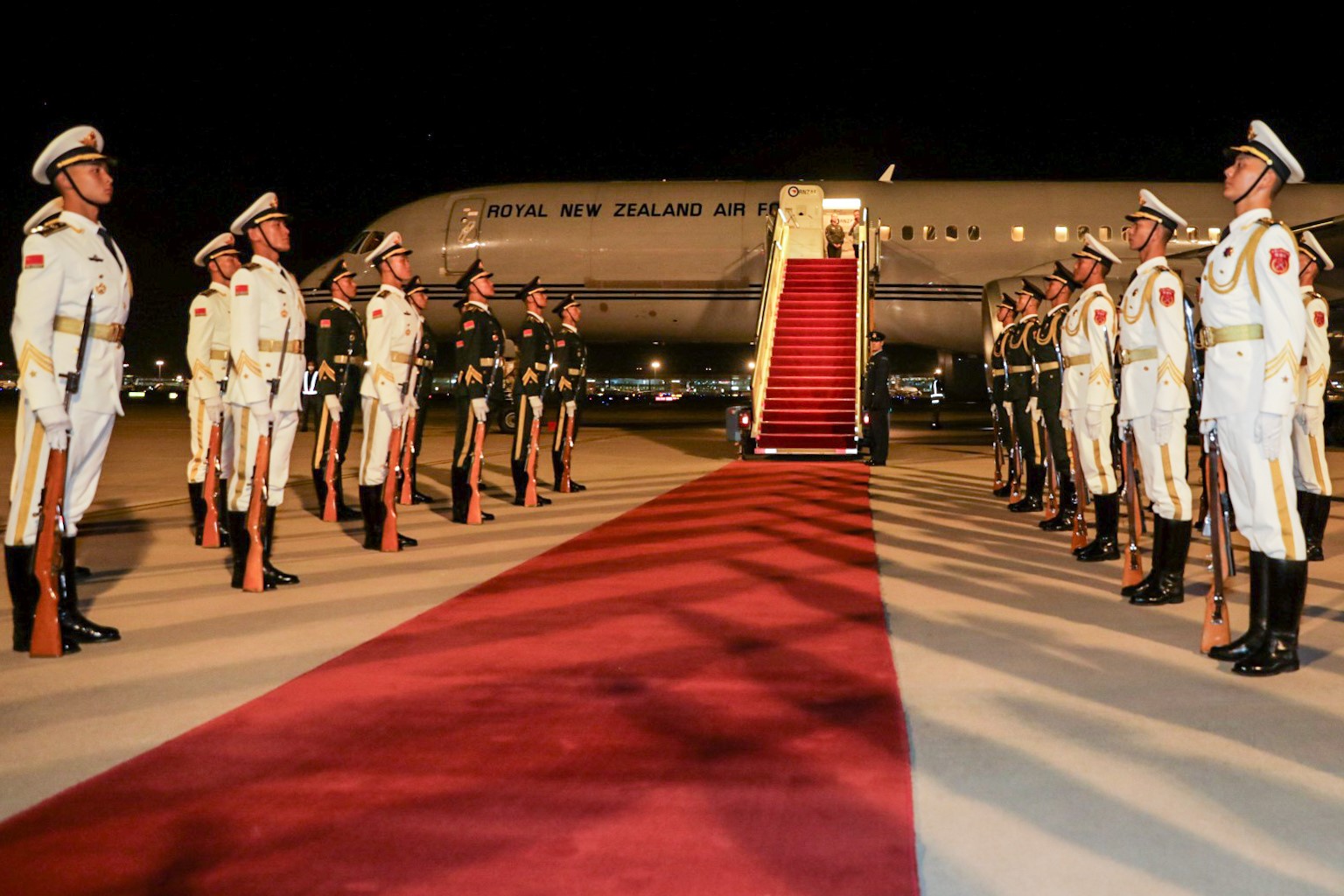 Chinese troops awaiting Chris Hipkins' arrival. Photo / Nathan Mckinnon-Pool