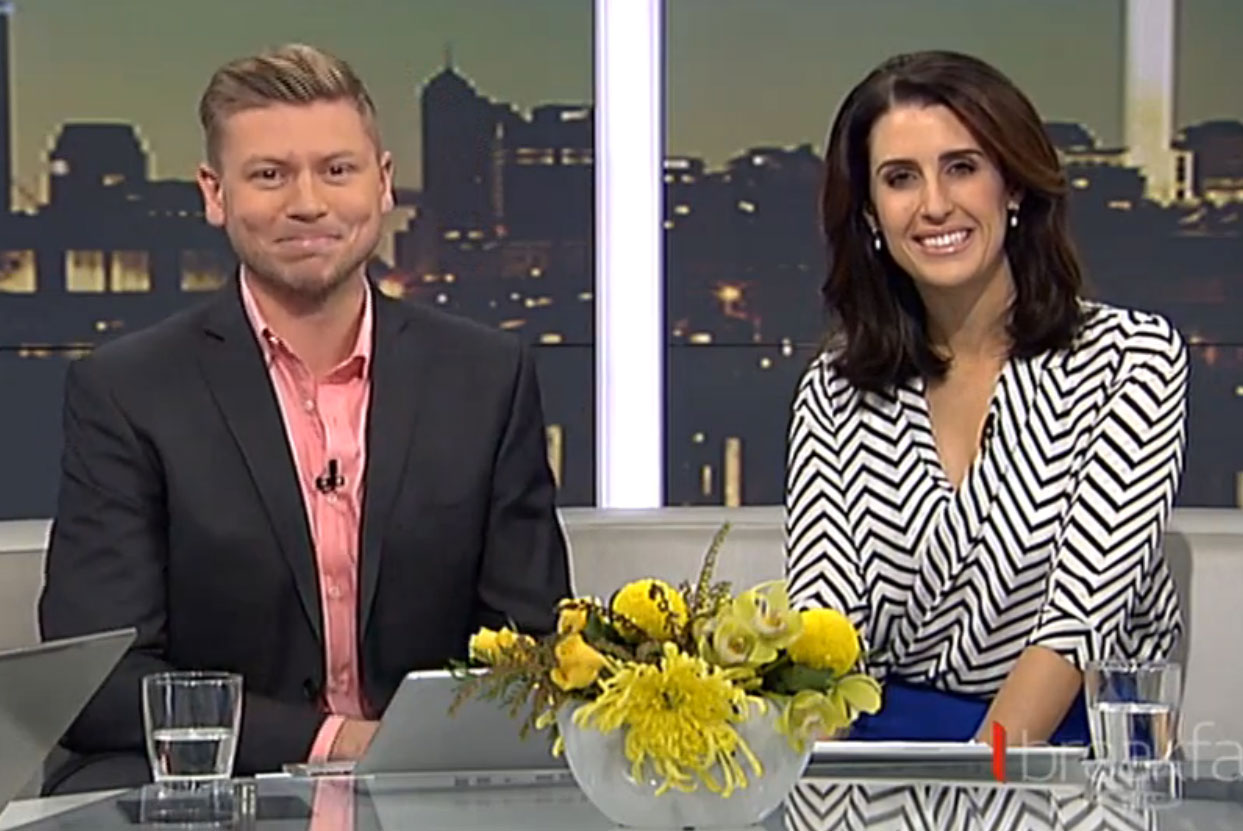 Matt Gibb teams up with Nadine Chalmers-Ross on the Breakfast couch this morning. Nadine's co-host Rawdon Christie is said to be on leave. Photo/TV One