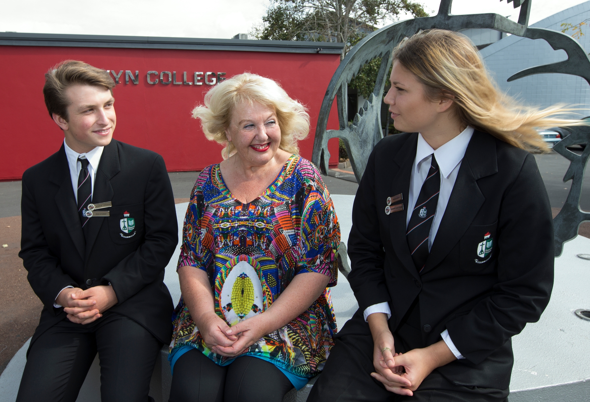 Principal Sheryll Ofner is flanked by head boy Callum Findlay and head girl Satya Sebenik. Photo / Brett Phibbs