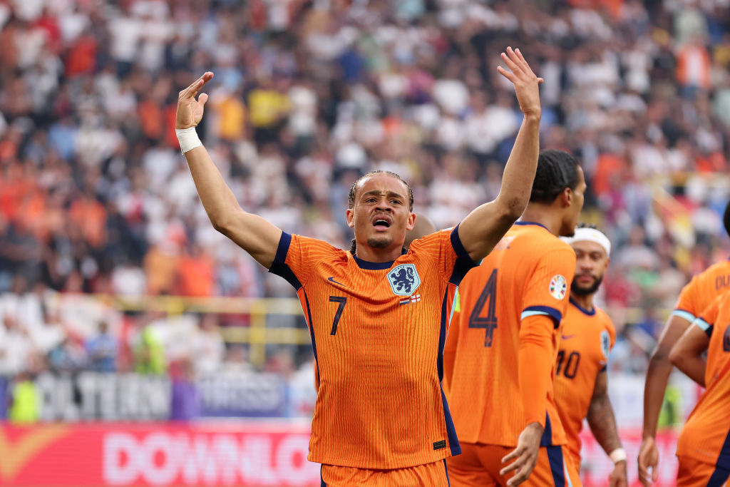 Xavi Simons of the Netherlands celebrates scoring his team's first goal during the Euro 2024 semifinal match between Netherlands and England. Photo / Getty Images