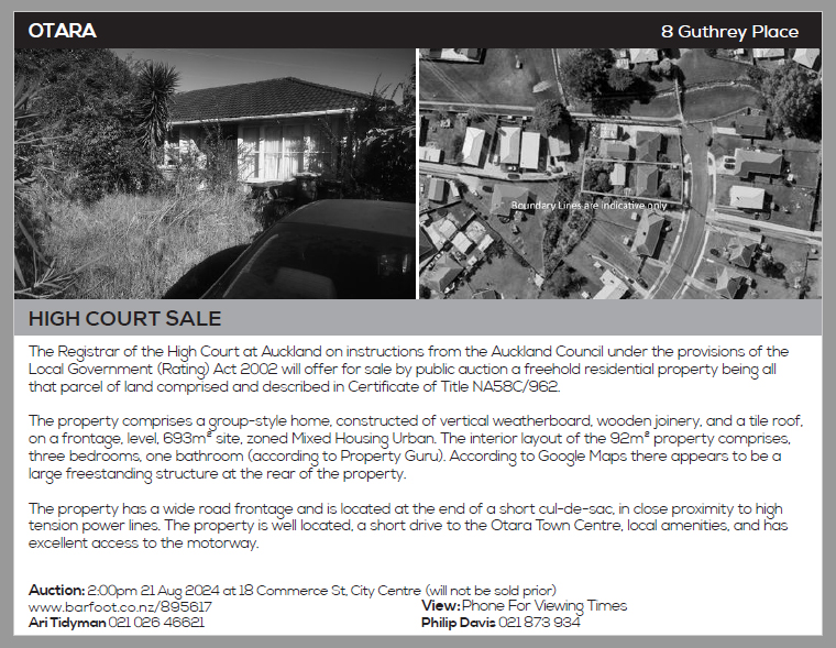 A public notice for the forced rating sale of the Guthrey Pl, Ōtara property which has racked up more than $300,000 in unpaid rates and penalties. 