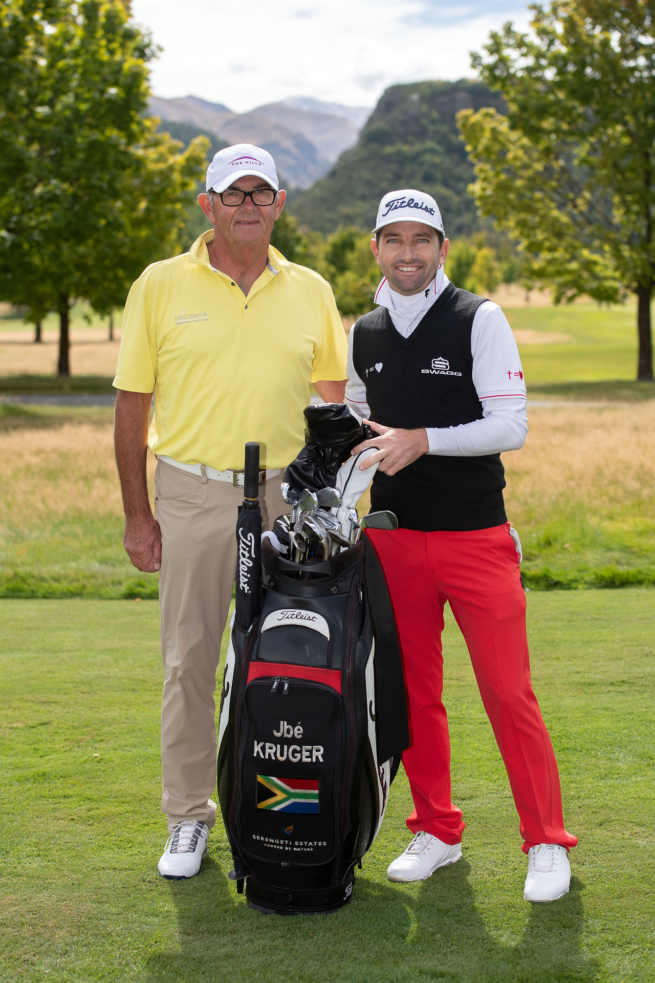 David McAlpine with South African golf pro JBE Kruger at Millbrook Golf Course. Photo / Marty Melville 